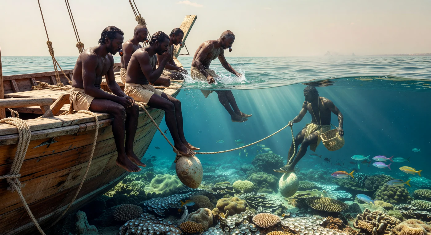 يصور هذا المشهد غواصي اللؤلؤ في الخليج العربي حوالي عام 1200 ميلادي، وهم يقفزون من سفن "الداو" الخشبية التقليدية إلى أعماق المياه الفيروزية الصافية مستخدمين أثقالاً حجرية للهبوط السريع. يظهر الغواصون بملابسهم القطنية البسيطة وهم يضعون "الفطام" (مشبك الأنف) ويحملون سلال "الديين" المنسوجة لجمع المحار من بين الشعاب المرجانية، في رحلة محفوفة بالمخاطر تعتمد كلياً على قوة التحمل البدني. تعكس هذه اللوحة الحية حقبة تاريخية ازدهرت فيها تجارة اللؤلؤ كعصب حيوي للاقتصاد البحري، حيث كانت هذه الجواهر النفيسة تُصدر من موانئ الخليج لتزين تيجان الملوك والنبلاء من أوروبا إلى الصين.