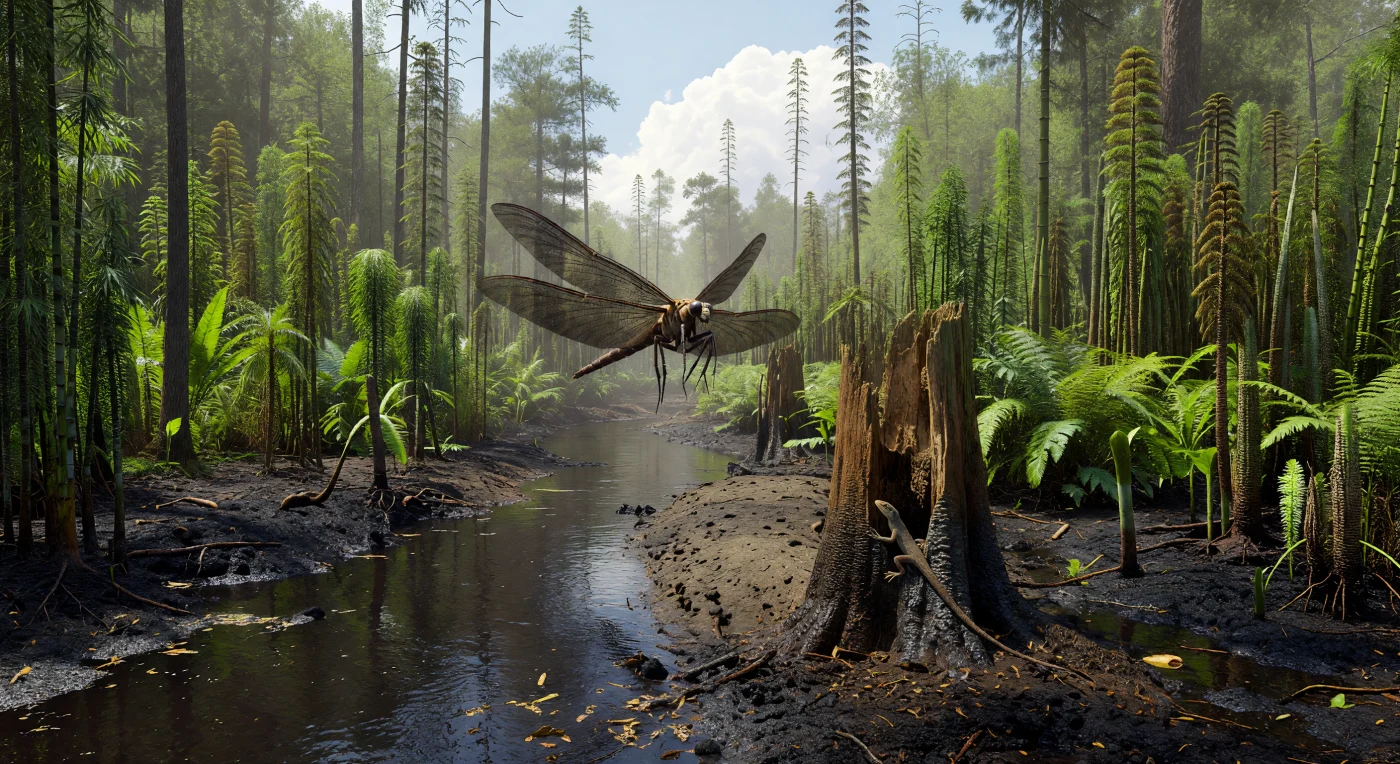 In a humid Pennsylvanian coal-swamp of Euramerica about 310 million years ago, a giant griffinfly, Meganeura, banks low over a dark blackwater channel, its 65-centimetre wings catching the harsh tropical sun. On a slightly drier natural levee nearby, the early reptile Hylonomus lyelli clings to a hollow lycopsid stump amid Calamites, seed ferns, and towering Lepidodendron- and Sigillaria-like trees. This scene captures the flat, peat-forming equatorial forests of the late Carboniferous, where oxygen-rich air and dense swamp vegetation supported some of the largest flying insects in Earth’s history.