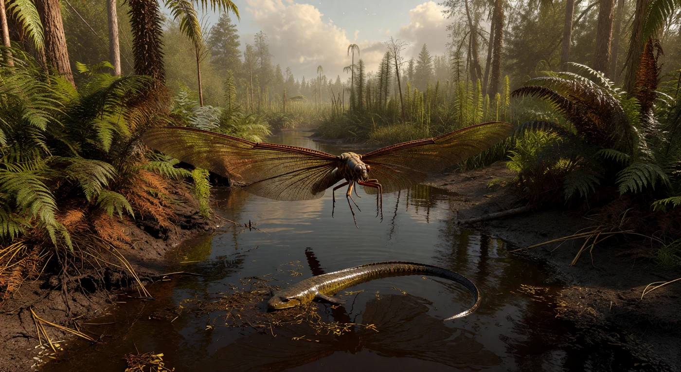 In the late Carboniferous, about 305 million years ago, a giant griffinfly, Meganeura, glides over a humid coal-swamp channel on the coastal lowlands of equatorial Euramerica. Below, the elongated amphibian Proterogyrinus lies nearly submerged in dark, tannin-rich water, surrounded by dense Pecopteris and Neuropteris foliage, with lycopsids and Calamites rising from the peaty mud beyond. This scene captures the lush, oxygen-rich wetlands that bordered Carboniferous epicontinental seas, where enormous flying insects and early tetrapods thrived long before dinosaurs appeared.