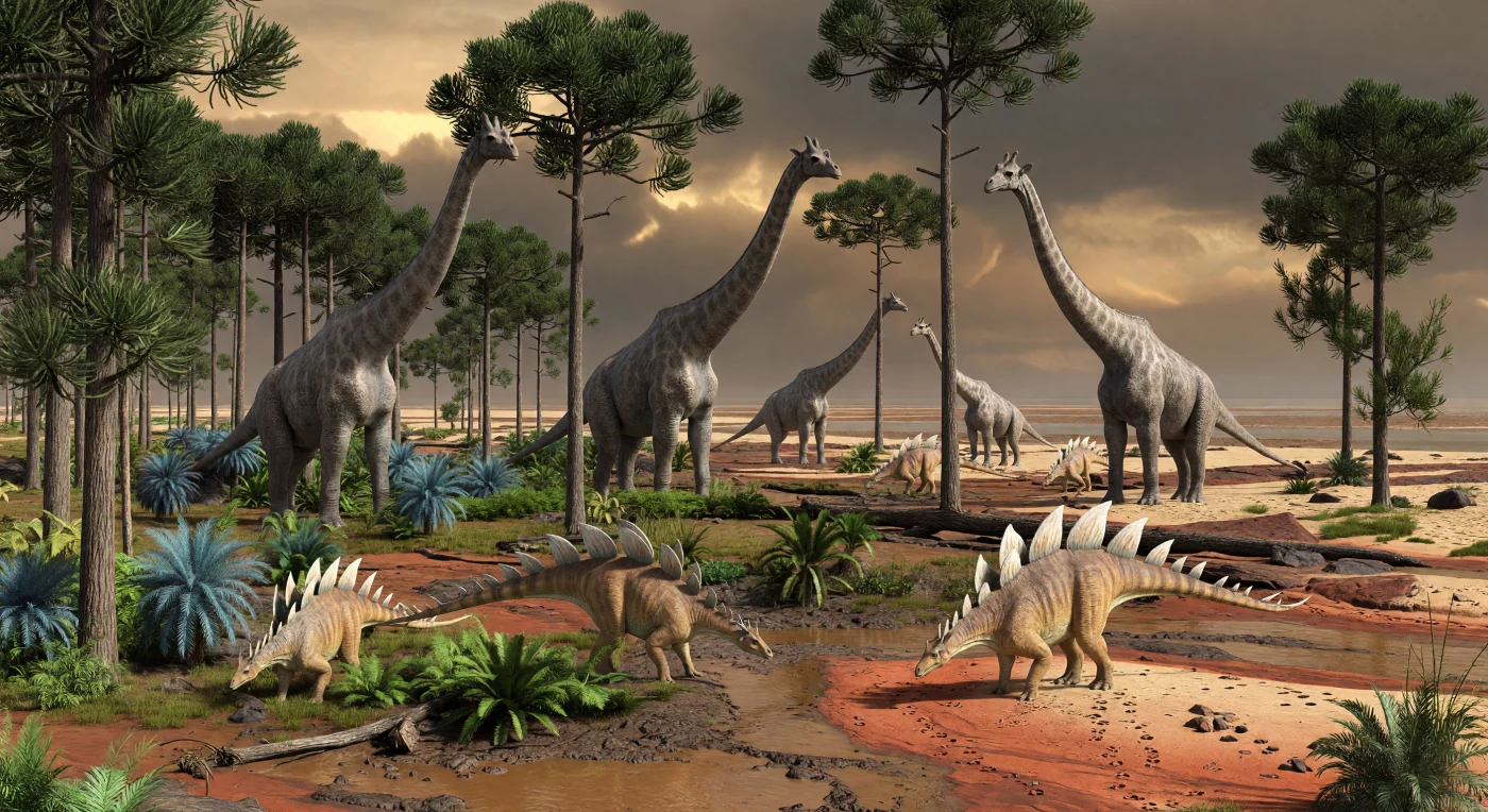 Sur la plaine côtière chaude de Tendaguru, dans l’actuelle Tanzanie, un troupeau de Giraffatitan brancai — d’immenses sauropodes de 22 à 26 m de long au cou dressé et aux membres antérieurs particulièrement hauts — avance entre les troncs d’araucarias, tandis que des Kentrosaurus aethiopicus plus modestes broutent des cycadales au bord de chenaux sableux rougeâtres. Cette scène se situe à la fin du Jurassique, vers 155 à 145 millions d’années, dans le Gondwana, au sein d’une vaste plaine inondable proche du littoral où alternaient boisements de conifères, fougères et lagunes côtières. Les fossiles de la Formation de Tendaguru comptent parmi les plus célèbres d’Afrique et révèlent un monde tropical ancien dominé par des géants, bien avant l’apparition des plantes à fleurs et des mammifères modernes.