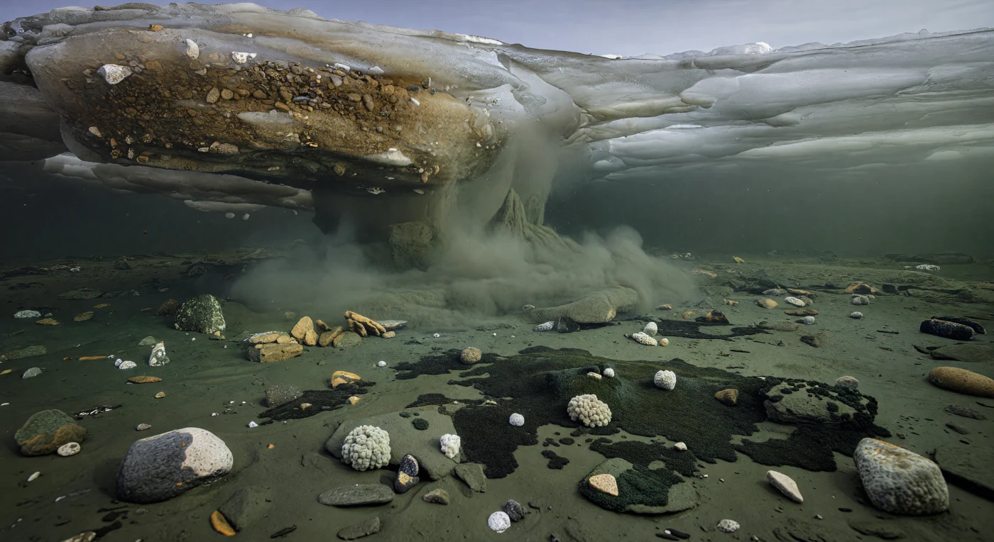 Onder de zware rand van marien ijs aan een Cryogenische grounding line, ongeveer 720–635 miljoen jaar geleden, stroomt een troebele smeltwaterpluim over de zeebodem en laat grind, keien en grotere zwerfstenen in zachte modder vallen. Zulke glaciomariene afzettingen vormden diamictieten en gelamineerde sliblagen op ondiepe continentale platen tijdens de Sturtische en Marinoïsche ijstijden, toen grote delen van de oceaan onder dik zee-ijs verborgen lagen. Tussen de verse dropstones zijn slechts spaarzame levensvormen te zien: donker olijfgroene microbiële matten en enkele lage, korstvormige poriferen van spons-graad, eenvoudige vroege dieren die standhielden in een koude, lichtarme en ecologisch zware wereld van diepe tijd.