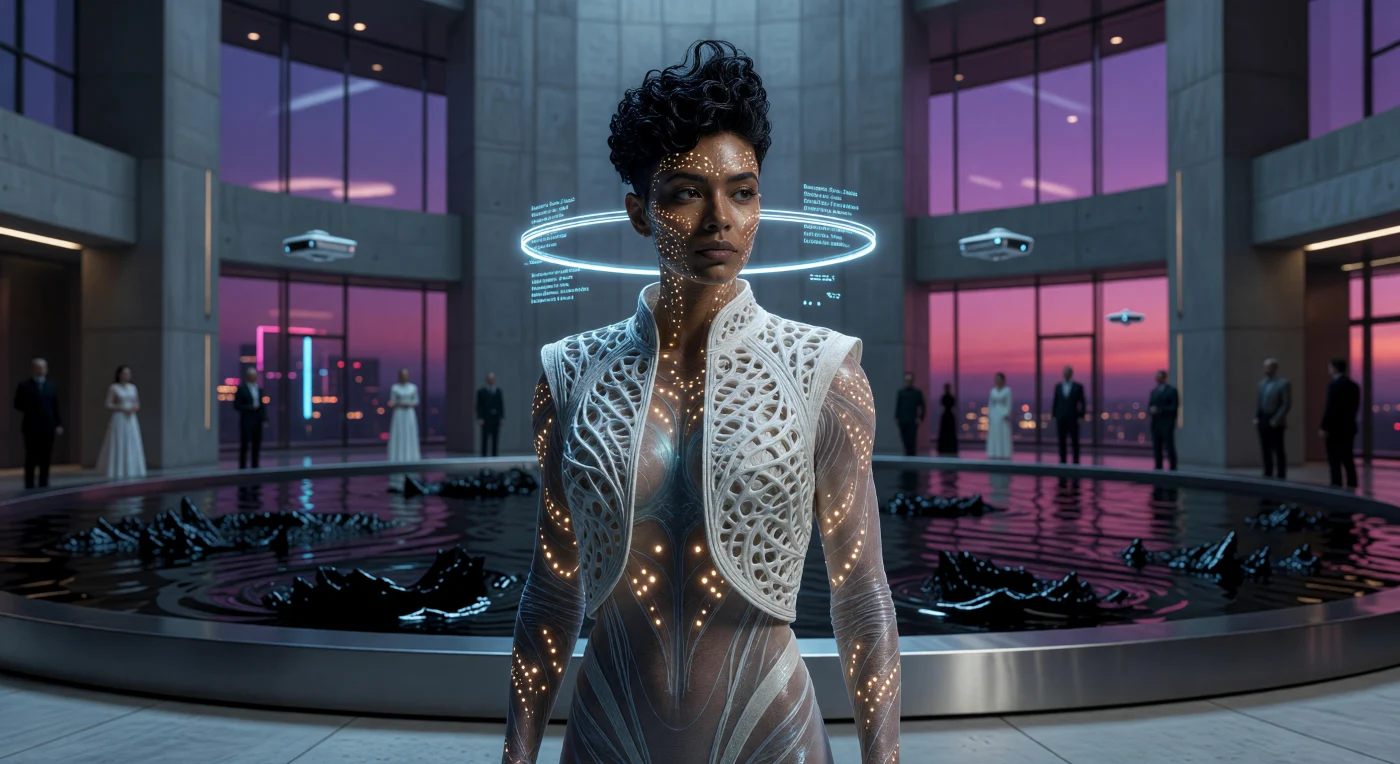 This portrait captures a high-ranking member of the technocratic "Glass Class" during an Imperial Gala in the mid-2040s, a pivotal moment in the era known as the Threshold. The subject displays the period's signature "Hybrid Silhouette," featuring a 4D-printed ceramic exoskeletal vest and a biosynthetic Myco-Silk bodysuit that responds to the wearer's physiology. Visible technological advancements include subdermal luciferase-ink tattoos synchronized to the heart rate and a floating "Halo" AR-projector, illustrating the total dissolution of the boundary between biological host and digital interface.