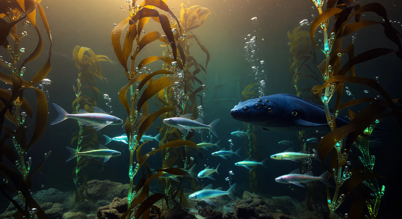 In de abyssale diepten van Tau Ceti e, tijdens de Interstellaire Dageraad (3000–5000 n.Chr.), vormen 500 meter hoge gemanipuleerde zuurstofkelpen een gigantisch verticaal ecosysteem dat gedijt onder een zwaartekracht van 1,6g. Tussen deze doorschijnende stengels jagen de zesogige 'Hex-Ocular Ravagers' op scholen bioluminescente 'Glass-Gliders', wiens transparante vinnen en iriserende schubben oplichten in de duisternis van de 120 kilometer diepe oceaan. Dit tableau toont de uiterste grenzen van bio-engineering, waarbij organismen met koolstofnanobuisjes zijn versterkt om te overleven in de extreme druk van een verre wereld.