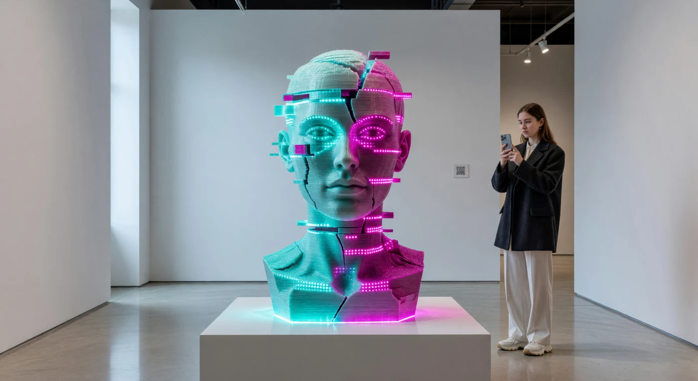 This installation in a contemporary Montreal gallery exemplifies the "glitch-art" aesthetic that defined the visual culture of the mid-2020s. The centerpiece, a human bust crafted from 3D-printed translucent resin, is fractured by intentional digital-style distortions and illuminated from within by vibrant cyan and magenta RGB LEDs. Nearby, a visitor captures the work on a high-end smartphone, illustrating the era's seamless integration of physical art, mobile technology, and social media documentation.
