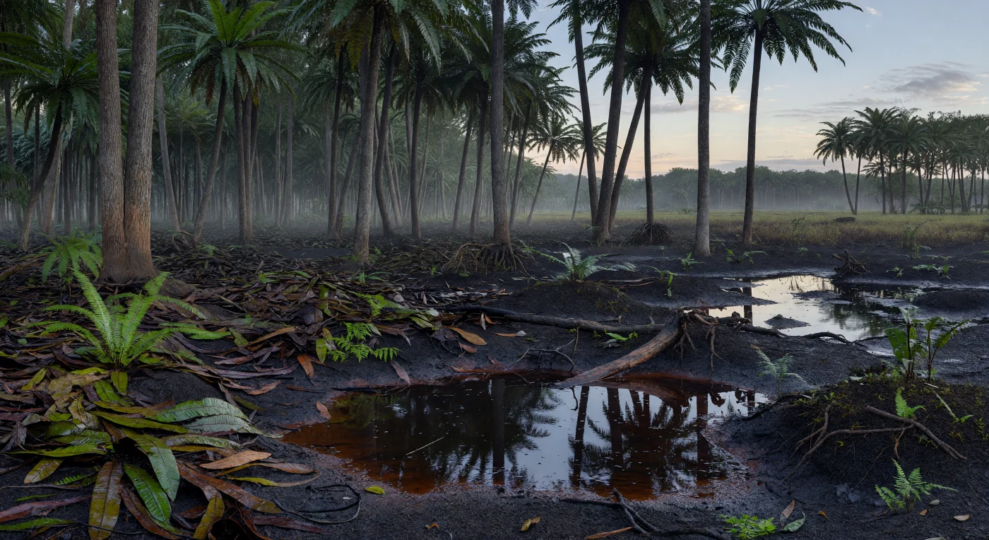 Auf dem sumpfigen Waldboden des südlichen Gondwana breiten sich vor etwa 255–252 Millionen Jahren dichte Bestände von Glossopteris aus: gerade, graubraune Stämme tragen hoch oben ein geschlossenes Dach aus dunklen, zungenförmigen Blättern, während schwarzer Torfboden, flache wassergefüllte Senken, Farne und wenige Schachtelhalmverwandte im kühlen Morgennebel liegen. Diese Landschaft entstand auf alluvialen Torfsümpfen über dunklem Schlamm- und Siltstein, wie sie aus dem Karoo-Becken bekannt sind, kurz vor dem endpermischen Massenaussterben, dem „Großen Sterben“. Glossopteris-Samenfarne prägten damals weite Teile des südlichen Pangäa und hinterließen die Pflanzenreste, aus denen später kohlenstoffreiche Schichten und wichtige Fossilienarchive einer untergegangenen Welt wurden.