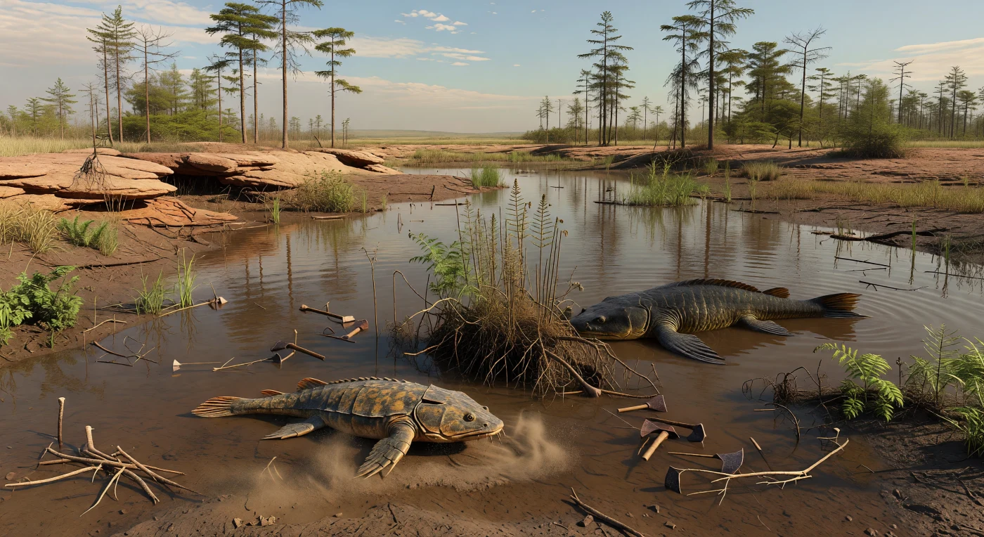 In een stilstaande, theebruine hoefijzerplas op het Laat-Devoonse Gondwana schuift een gepantserde Bothriolepis van ongeveer 40–70 cm langzaam door het slib, terwijl een half verscholen Gogonasus tussen wortels en plantaardig puin op de loer ligt. Dit tafereel speelt zich af zo’n 370–360 miljoen jaar geleden op een lage alluviale vlakte, omzoomd door vroege bossen van Archaeopteris-achtige progymnospermen, lycopsiden en andere bloemloze oeverplanten. Zulke zuurstofarme zoetwaterachterwaters vormden belangrijke leefgebieden voor pantservissen en kwabvinnigen, en geven een zeldzame blik op de ecosystemen waarin de overgang van vis naar viervoeter zich begon af te tekenen.