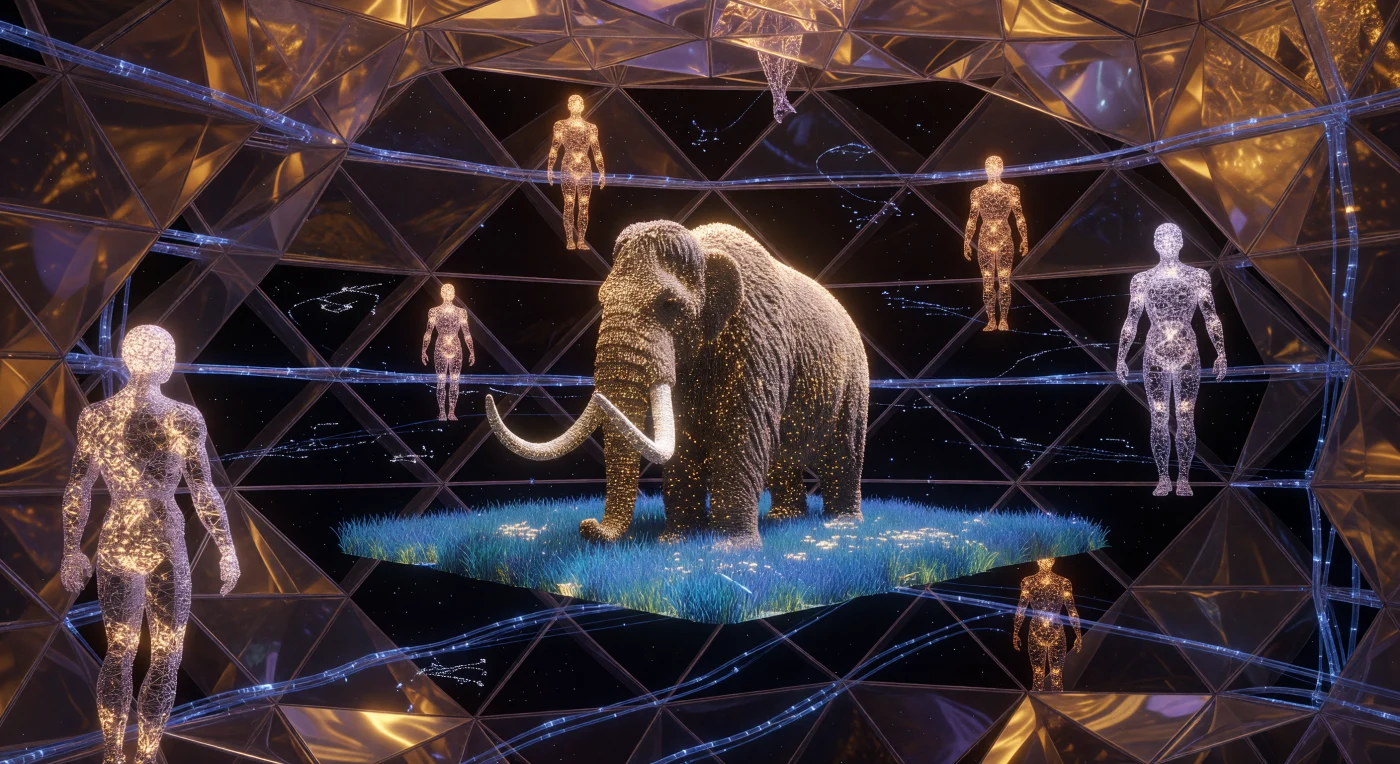 Diese immersive Simulation im Sol-Archiv zeigt ein Wollhaarmammut (*Mammuthus primigenius*), das als goldglänzendes Voxel-Modell auf einer synthetischen Tundra innerhalb eines Matroschka-Gehirns weidet. In der Ära der Kosmischen Reife (ca. 20.000–100.000 n. Chr.) bewahren die „Betrachter“ – kristalline, substratunabhängige Intelligenzen – die biologische Erinnerung an die eiszeitliche Megafauna der Erde, die vor etwa 4.000 Jahren endgültig verschwand. Die anatomisch präzise Rekonstruktion inmitten von Helium-Kühlsystemen und Graphen-Strukturen verdeutlicht die Sehnsucht post-biologischer Zivilisationen nach der organischen Komplexität ihrer tiefen, terrestrischen Vergangenheit.