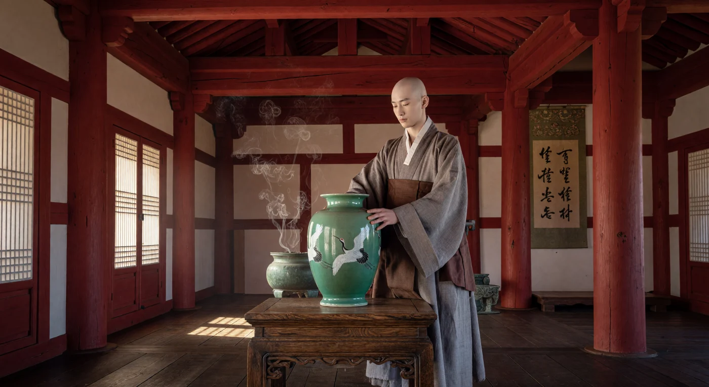12세기 고려 시대의 한 사찰 내부에서 승려가 비취색 광택이 감도는 청자 상감운학문 매병을 정성스럽게 제단 위에 공양하고 있습니다. 붉은 기둥과 정교한 주심포 양식이 돋보이는 이 공간은 온돌 구조의 마루와 한지 문을 통해 들어오는 부드러운 햇살이 어우러져 장엄하면서도 평온한 분위기를 자아냅니다. 이 장면은 당대 예술의 정점이었던 상감 청자와 세련된 건축 양식을 통해 불교가 국가의 중심이었던 고려의 화려한 문화적 성취와 깊은 신앙심을 생생하게 보여줍니다.