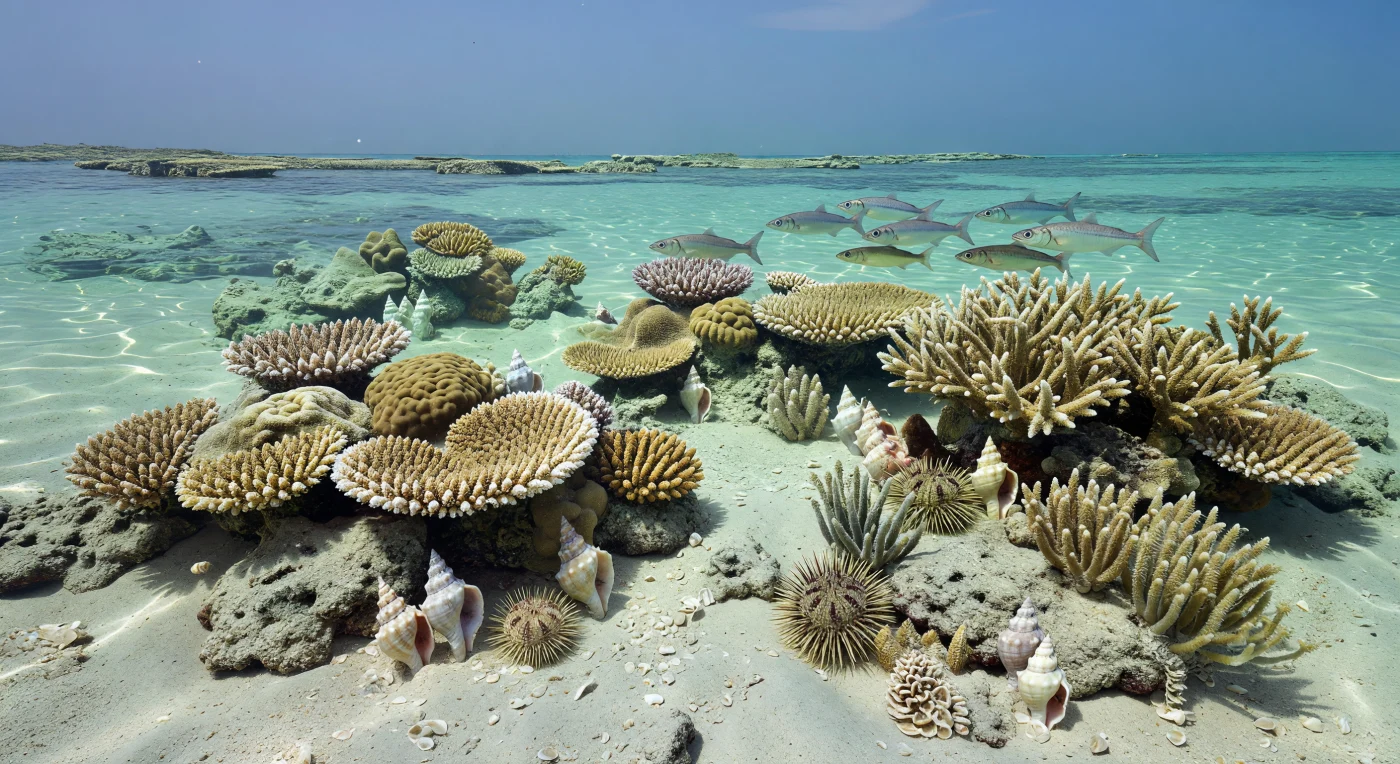In deze ondiepe, turkooisblauwe lagune van Gondwana glijden scholen van de circa 1 meter lange vis Pachycormus boven rifkoppen van Isastrea, Thamnasteria en vertakte Thecosmilia, terwijl op de zonverlichte kalkbodem Nerinea-slakken, stekelige Cidaris-zee-egels en gesteelde Isocrinus-zeelelies dicht opeen leven. Zulke koraalrijke carbonaatlagunes waren kenmerkend voor warme Jurassic zeeën, ongeveer 201 tot 145 miljoen jaar geleden, toen grote delen van het zuidelijke supercontinent onder een broeikaswereld lagen. Het tafereel toont een ecosysteem dat tegelijk vertrouwd en vreemd aandoet: een riflandschap opgebouwd door vroege steenkoralen, bevolkt door ongewervelden en straalvinnige vissen lang vóór moderne rifvissen de oceanen zouden domineren.