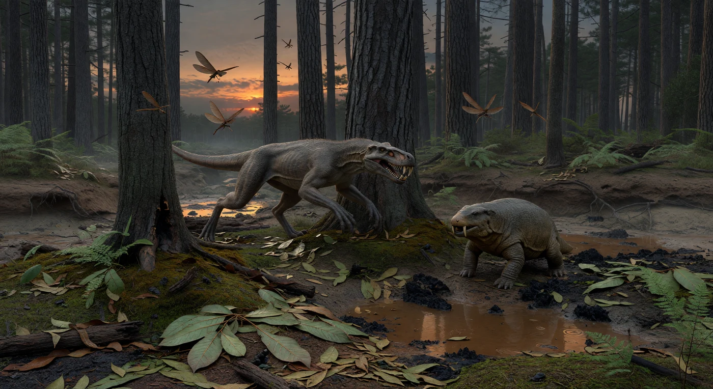 In the cool twilight of a high-latitude Gondwanan forest near the end of the Permian, about 252 million years ago, a gorgonopsian predator lunges at the dicynodont Dicynodon across a floor of fallen Glossopteris leaves and damp peat. The scene captures a polar woodland of seed ferns, mossy ground cover, beetles, and primitive odonatopteran insects, showing that even near the ancient southern pole, terrestrial ecosystems were diverse and active before the end-Permian mass extinction—the “Great Dying”—reshaped life on Earth.