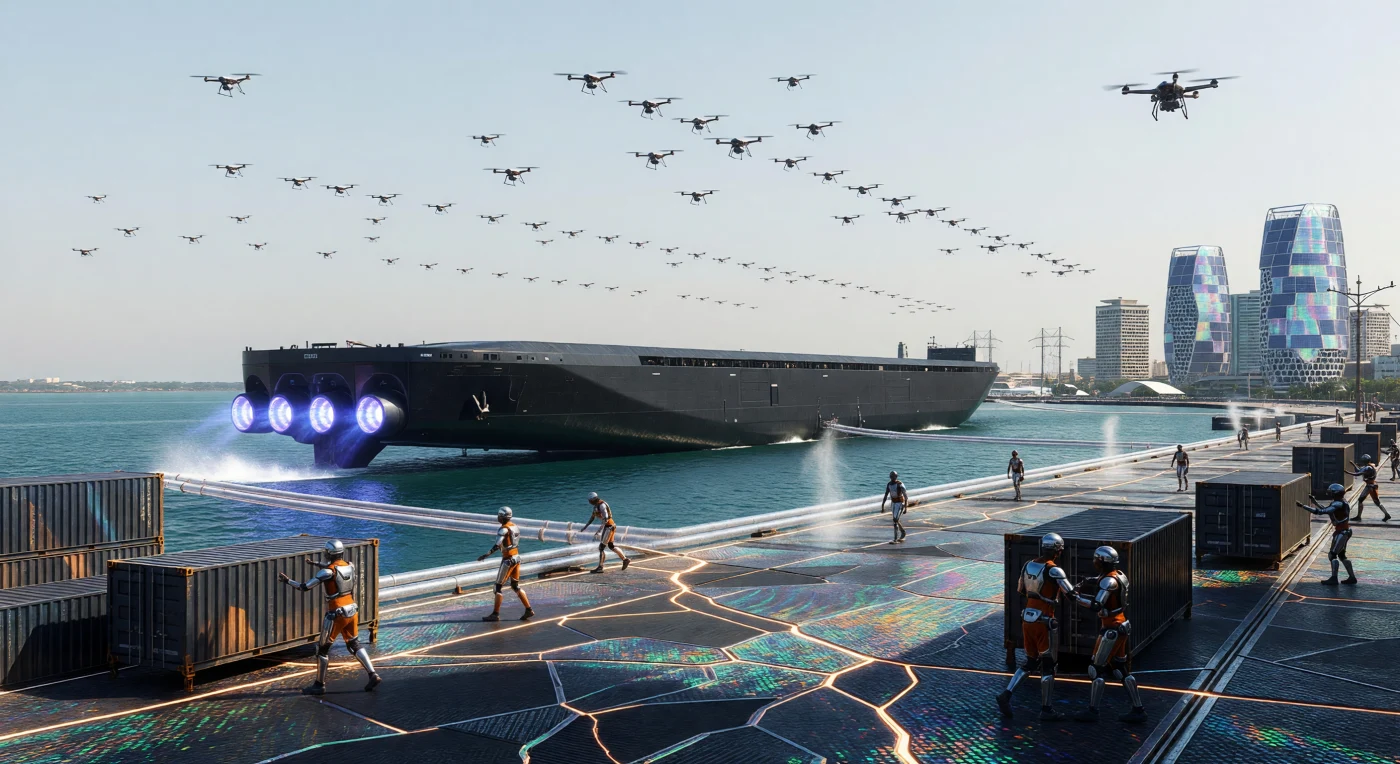 In de haven van Mombasa, rond het jaar 2050, aanschouwen we het hoogtepunt van het "Tijdperk van de Drempel," waar gigantische vrachtschepen van grafeencomposiet boven het water zweven op magnetische velden en violette ionenstralen. De infrastructuur bestaat uit zelfherstellend beton met koolstofnanobuisjes en biomimetische architectuur, technologische 'sedimenten' die getuigen van een tijd waarin de mensheid de grens naar een type 0,72-beschaving op de Kardashev-schaal overschreed. Tussen de zwermen autonome drones navigeren technici van de Afrikaanse Unie, wier anatomie is versterkt met titanium exoskeletten en *Kipaji*-neurale interfaces, wat een nieuwe evolutionaire stap markeert in de symbiose tussen mens, machine en de biosfeer.