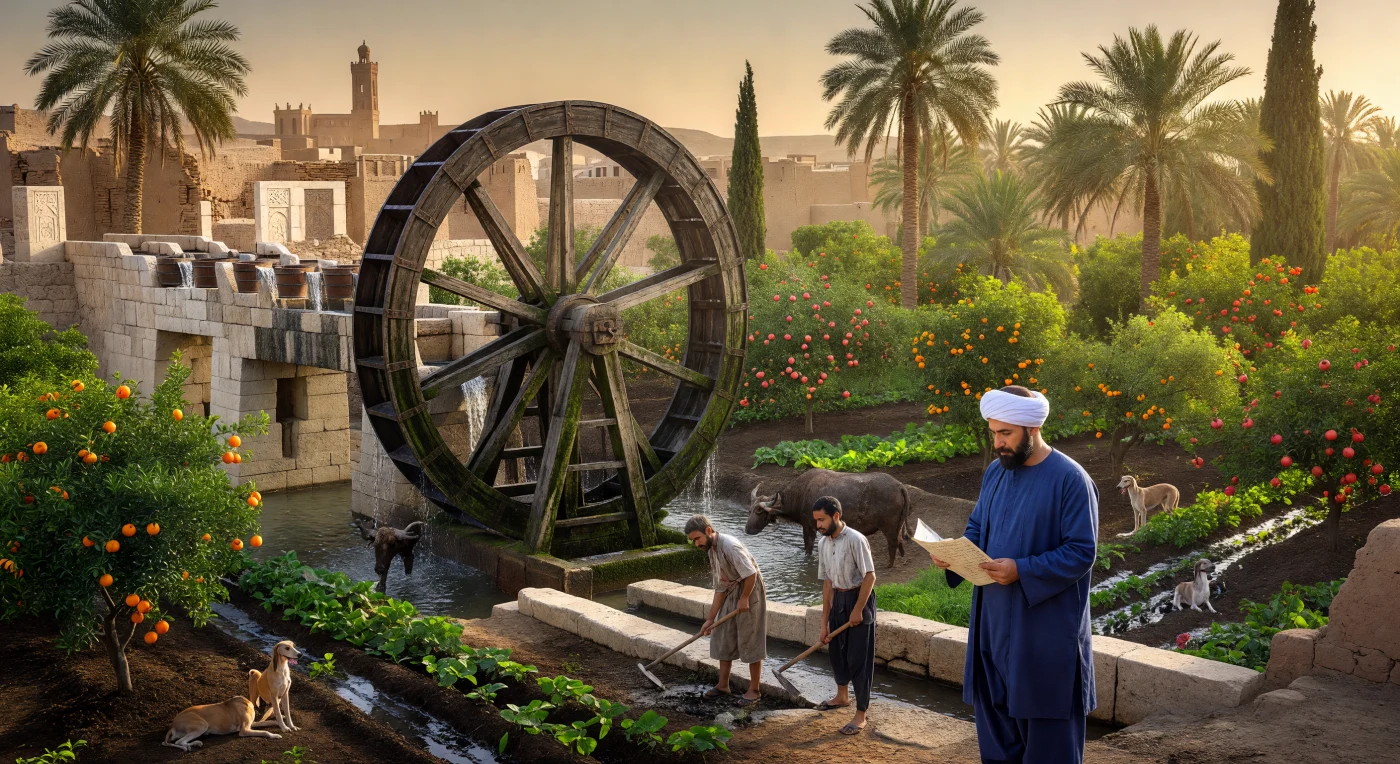 Una colosal noria de madera de veinte metros eleva el agua del río hacia un acueducto de piedra caliza, regando un frondoso huerto de naranjos amargos y granados durante la Edad de Oro abasí en Mesopotamia. Esta escena ilustra la Revolución Agrícola Islámica, un periodo de innovación técnica y difusión de cultivos que transformó los paisajes áridos en oasis productivos mediante avanzados sistemas de irrigación. Bajo la cálida luz del atardecer, la gestión experta del agua y la introducción de nuevas especies botánicas reflejan el esplendor científico y económico que caracterizó al califato durante el siglo IX.