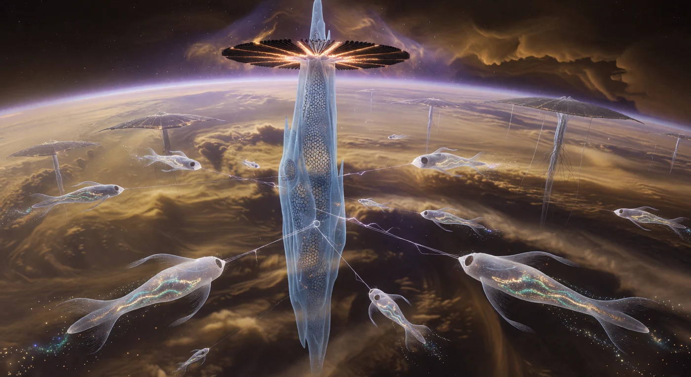 In der violett schimmernden Troposphäre eines fernen Gasriesen ragt eine fünf Kilometer hohe Aerostat-Spitze aus lichtdurchlässigem Graphen-Aerogel empor, deren massive Radiatoren die überschüssige Fusionswärme als glühendes Orange in die Methanwolken abgeben. Um diesen Monolithen driften die Nebuliten – post-humane Aeroformen des Galaktischen Zeitalters (ca. 5.000–20.000 n. Chr.) –, die mit schimmernden Wasserstoffblasen und akustischen Sinnesgruben perfekt an ein Leben im permanenten Schwebzustand angepasst sind. Gemeinsam mit den gigantischen, kilometerlangen „Windbäumen“ im Hintergrund repräsentiert diese Szenerie die technologische Meisterschaft einer Kardaschow-Typ-II-Zivilisation, welche die gewaltigen atmosphärischen Energien und Helium-3-Vorkommen ihrer Heimatwelt für eine dauerhafte Existenz in der Tiefe des Raumes nutzt.