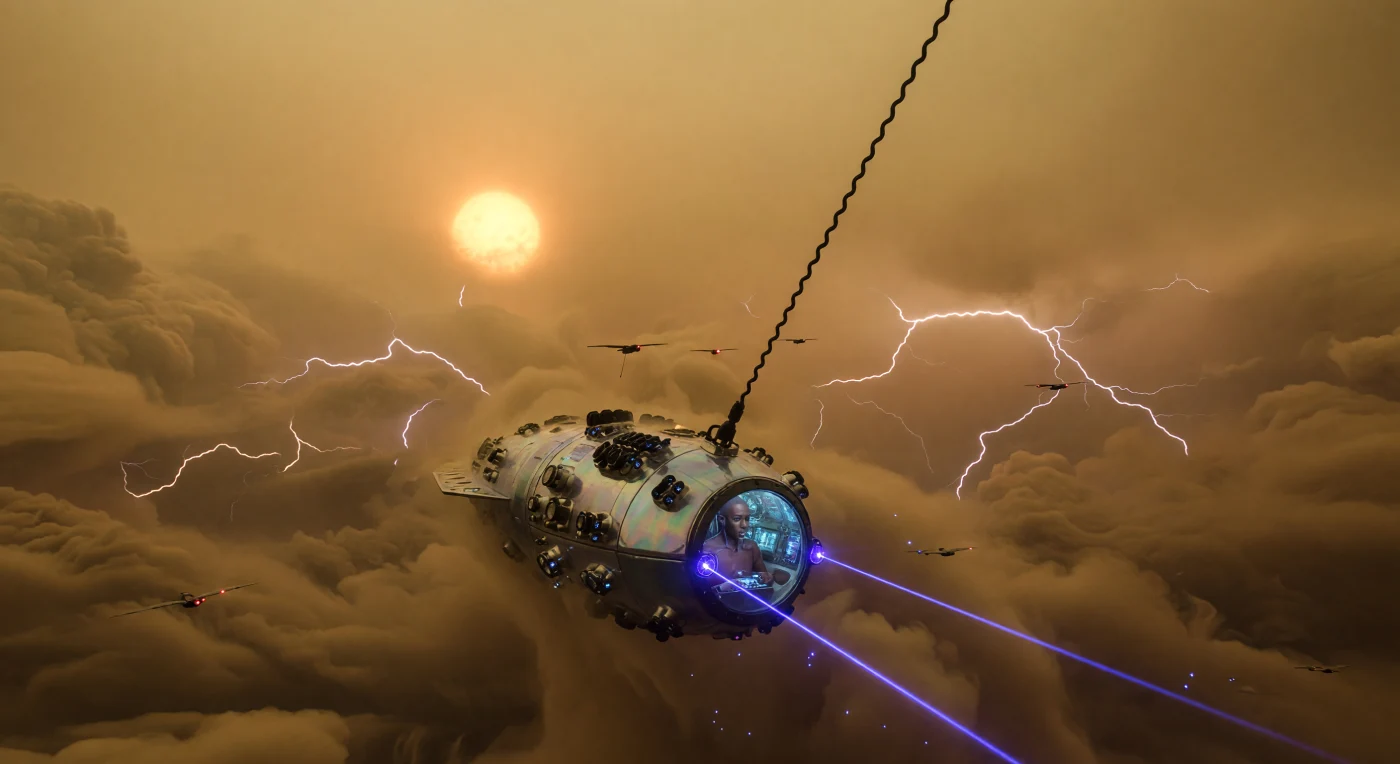 During the Convergence era (2100–2200 CE), specialized research vessels like this pearlescent graphene craft descended into the crushing, supercritical atmosphere of the Venusian Ishtar-Lada Cloud-Belt. The vessel is piloted by an Aeros-human, a genetically modified lineage featuring pulmonary-filter membranes and UV-resistant skin tailored for life in the high-altitude floating cities. Ultraviolet lasers and sonar arrays pierce the dense sulfuric acid mists, while semi-autonomous Syntho-Avian drones monitor the high-tensile graphene tether that connects the explorers to the safety of the upper atmosphere.