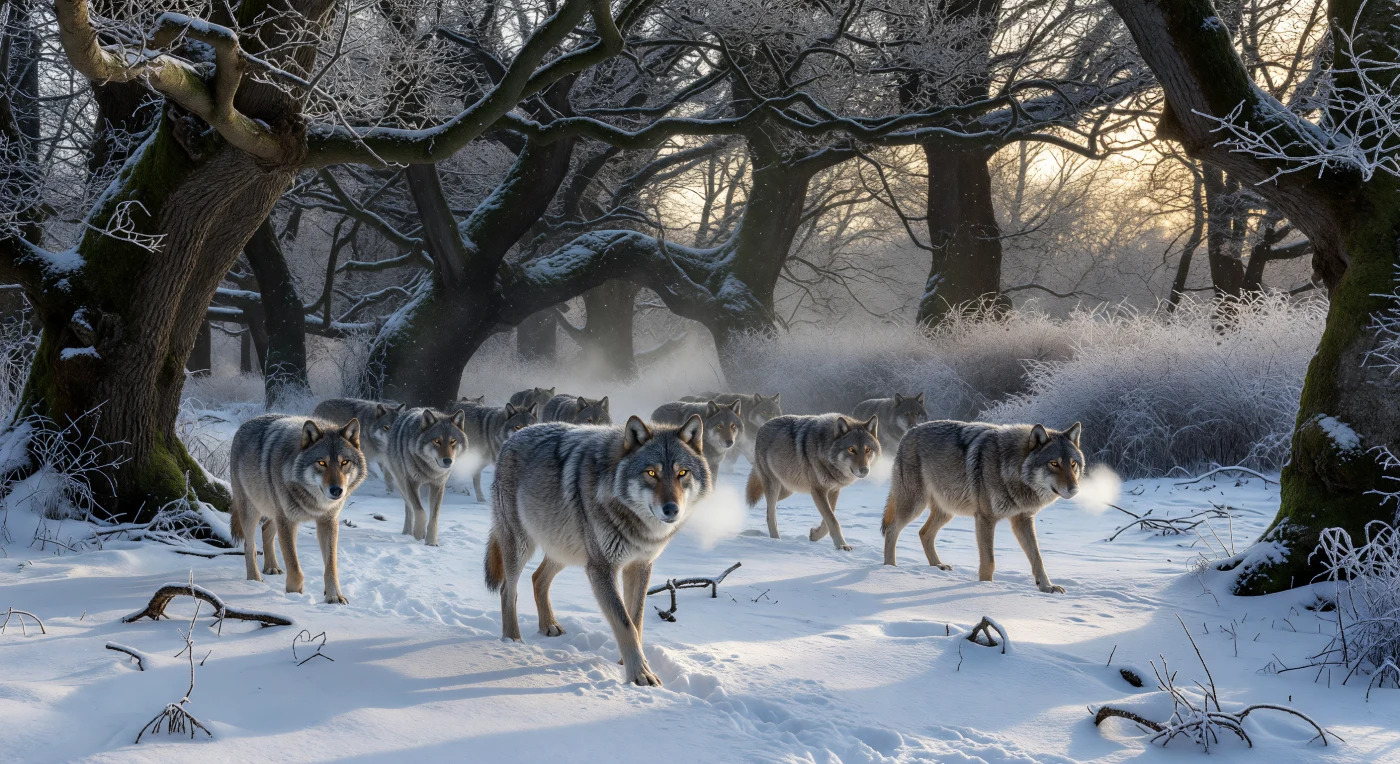 Ein Rudel hagerer Grauwölfe streift durch einen tief verschneiten Urwald aus uralten Buchen und Eichen, während ihre Atemwolken in der klirrenden Frostluft der Kleinen Eiszeit gefrieren. Diese Raubtiere, gezeichnet vom Hunger der extremen Kaltperioden des 15. Jahrhunderts, suchen im fahlen Licht eines späten Wintertages mit hocheffizienter, raubtierhafter Konzentration nach Beute. Die Szene verdeutlicht die unerbittliche Realität der spätmittelalterlichen Wildnis Europas, in der Mensch und Tier gleichermaßen gegen drastische Klimaveränderungen und schwindende Lebensräume um ihr Überleben kämpften.