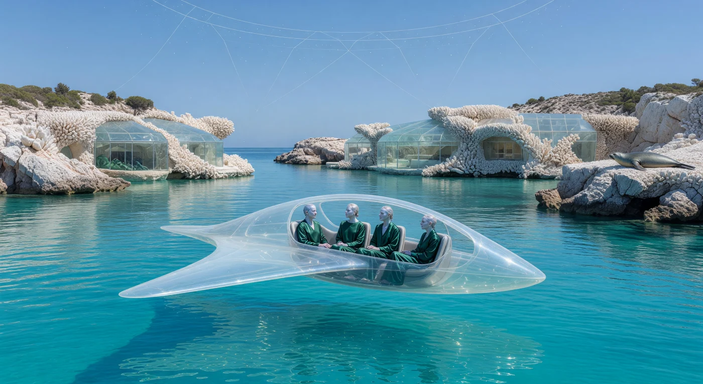 Ein gravimetrischer Gleiter aus diamantartigem Polymer schwebt im 40. Jahrtausend lautlos über das Mittelmeer, während eine Familie der „Bio-Pure“-Menschen eine aus lebendem Kalkstein gewachsene Hafenanlage ansteuert. In dieser Ära der „Kosmischen Reife“ (ca. 24.500 – 102.000 n. Chr.) fungiert die Erde als geschütztes Garten-Museum, in dem ein stabilisiertes Holozän-Klima das Gedeihen de-extinktierter Arten wie der Mittelmeer-Mönchsrobbe (*Monachus monachus*) ermöglicht. Die Szenerie verdeutlicht die technologische Meisterschaft einer Typ-II-Zivilisation, die mittels eines Sol-Stellar-Arrays die solare Energie präzise steuert, um die biologische Integrität ihrer Ursprungswelt über Äonen hinweg zu bewahren.