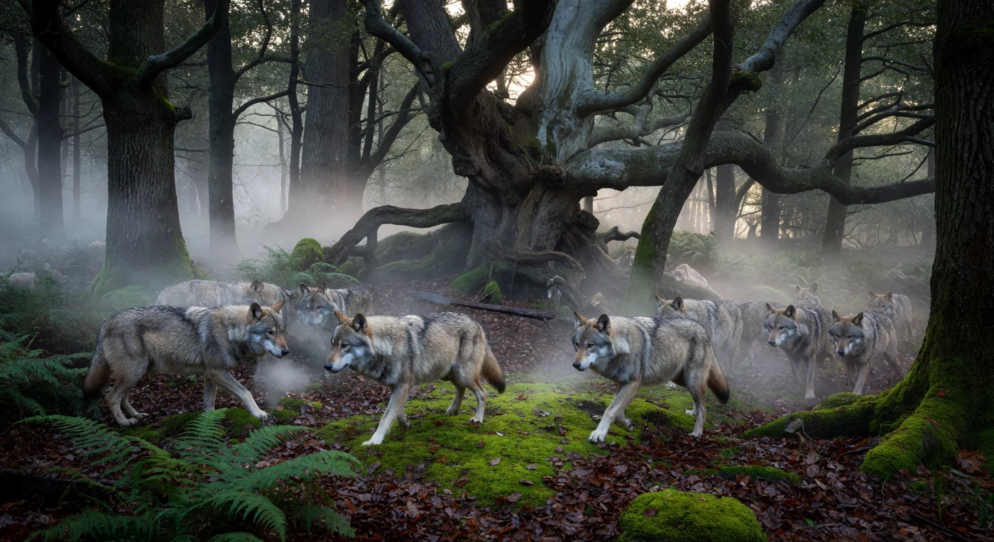 A pack of European gray wolves (Canis lupus) moves through the damp, moss-laden floor of the Hercynian Forest, a vast primeval woodland that dominated the landscape of the Early Middle Ages. During the 8th century, these dense thickets of ancient oak and beech were viewed by Frankish and Germanic peoples with a mixture of spiritual awe and physical dread, representing the untamed wilderness beyond the frontier of Christendom. The presence of a discarded iron spearhead among the roots serves as a silent testament to the frequent skirmishes that defined the expansion of the Carolingian world into the deep European interior.