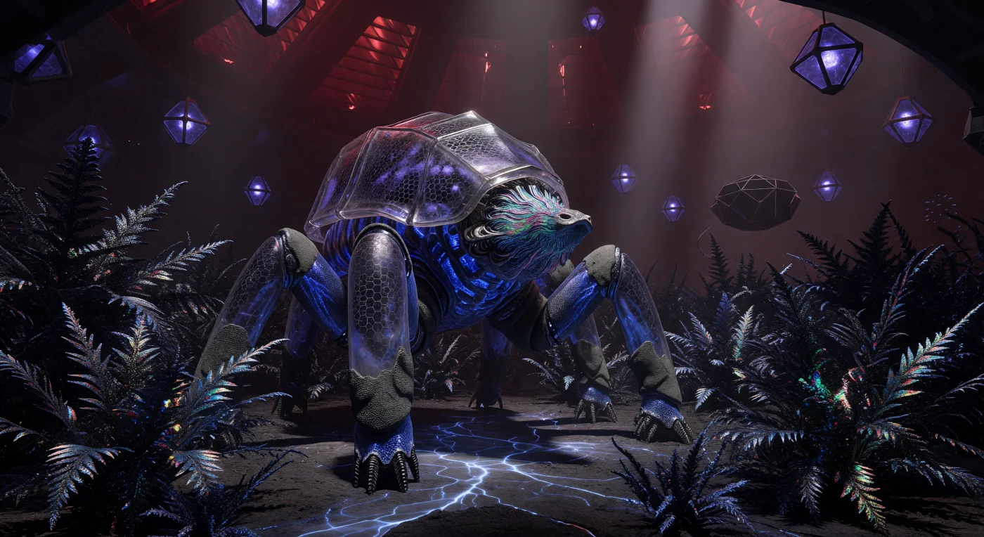 In de kunstmatige ecosystemen van een Sagittarische Schaalwereld graast een Grazer van de Gamma-Wouden, een zespotige vertegenwoordiger van de Seeder-Kin met een loodhoudend pantser van rookkwarts dat zijn Cherenkov-blauw oplichtende organen beschermt. Dit genetisch gemanipuleerde organisme uit het tijdperk van The Horizon (ca. 100.000 – 1.000.000 n.Chr.) voedt zich met kristallijne, op silicium gebaseerde varens die gedijen bij de intense straling van de galactische kern. Tegen een achtergrond van gigantische radiatorvinnen die overtollige hitte afvoeren, illustreert deze scène de veerkracht van biologisch leven in een technologisch vormgegeven diepe toekomst.