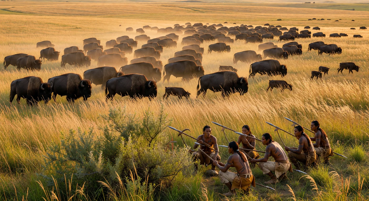Across the vast tallgrass prairie of the North American Great Plains, a massive herd of American bison grazes under the amber light of a late afternoon sun around 800 CE. In the foreground, a party of hunters crouches among the bluestem grass, armed with atlatls—precision spear-throwers that utilized leverage to launch flint-tipped darts with lethal force. This scene captures the continent’s pre-colonial landscape during the transition between the Late Woodland and early Mississippian periods, centuries before the reintroduction of the horse, illustrating the sophisticated hunting strategies and deep ecological knowledge of Indigenous societies.