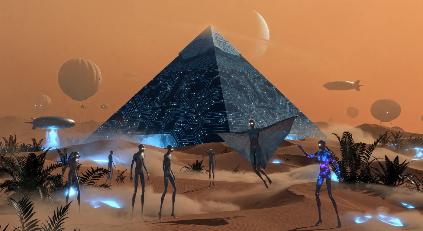 Set during the Great Divergence (2200–2500 CE), this scene depicts the Great Ice Pyramid of Shangri-La on Saturn’s moon, Titan, where a 1:1 replica of Giza’s monument has been carved from ultra-hard water-ice to house superconducting quantum-dot arrays. In the foreground, the bio-engineered *Homo adaptus* navigate the low gravity and dense, 1.45-bar atmosphere using wing-like patagia to "swim" past obsidian-hued bio-ferns and undulating dunes of reddish tholin sands. The orange nitrogen-methane sky is punctuated by massive oxygen-storage aerostats and the infrared silhouette of Saturn, illustrating a high-tech civilization powered by cryogenic fusion and atmospheric redox gradients.