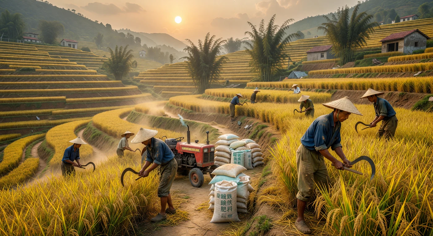 Peasants in 1970s rural China harvest high-yield rice varieties against a backdrop of meticulously terraced hillsides, illustrating the local impact of the global Green Revolution. The scene captures a critical technological transition, pairing traditional manual labor and iron sickles with early mechanization in the form of a versatile "walking tractor" and industrial chemical fertilizers. Dressed in functional indigo-dyed cotton and conical straw hats, these laborers represent the late Mao-era's intensive push toward agricultural self-sufficiency and modernization.
