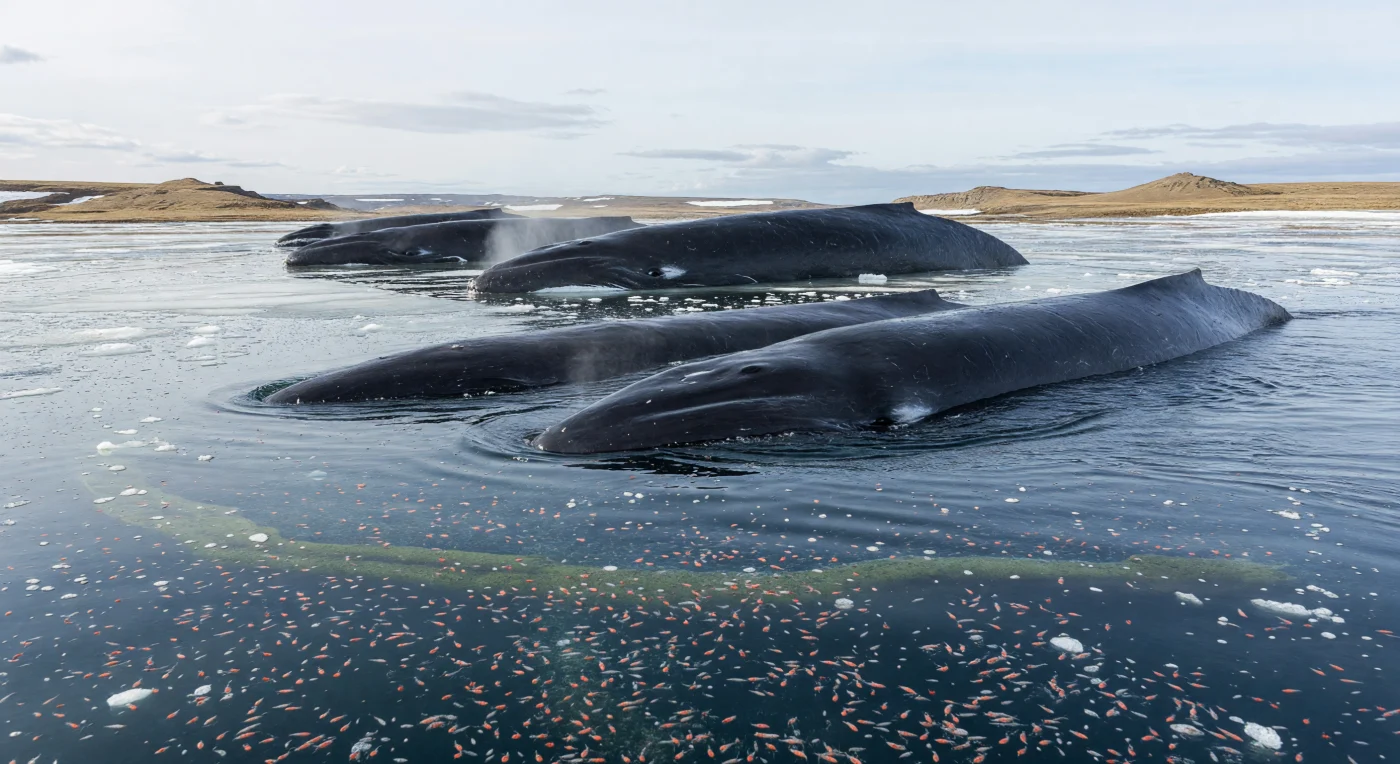 Am Rand der eiszeitlichen Mammutsteppe tauchen mehrere Grönlandwale, Balaena mysticetus, aus stahlblauem Schelfwasser neben festliegendem Meereis auf; ihre 14–18 Meter langen, tiefschwarzen Rücken und dampfenden Blaswolken heben sich eindrucksvoll gegen den blassen Polarhimmel ab. Unter der Oberfläche verdichten sich gewaltige Schwärme von Calanus-Ruderfußkrebsen und Thysanoessa-Krill – winzige Krebstiere, von denen diese riesigen Bartenwale durch Skim-Feeding leben. Die Szene spielt im späten Pleistozän vor etwa 126.000 bis 11.700 Jahren, als kalte, nährstoffreiche Arktisschelfe an die trockenen, lössreichen Periglaziallandschaften der Megafauna-Steppe grenzten. Sie zeigt, wie selbst in der Welt von Mammuts und Wollnashörnern das Leben der größten Tiere von kaum sichtbarem Plankton abhing.