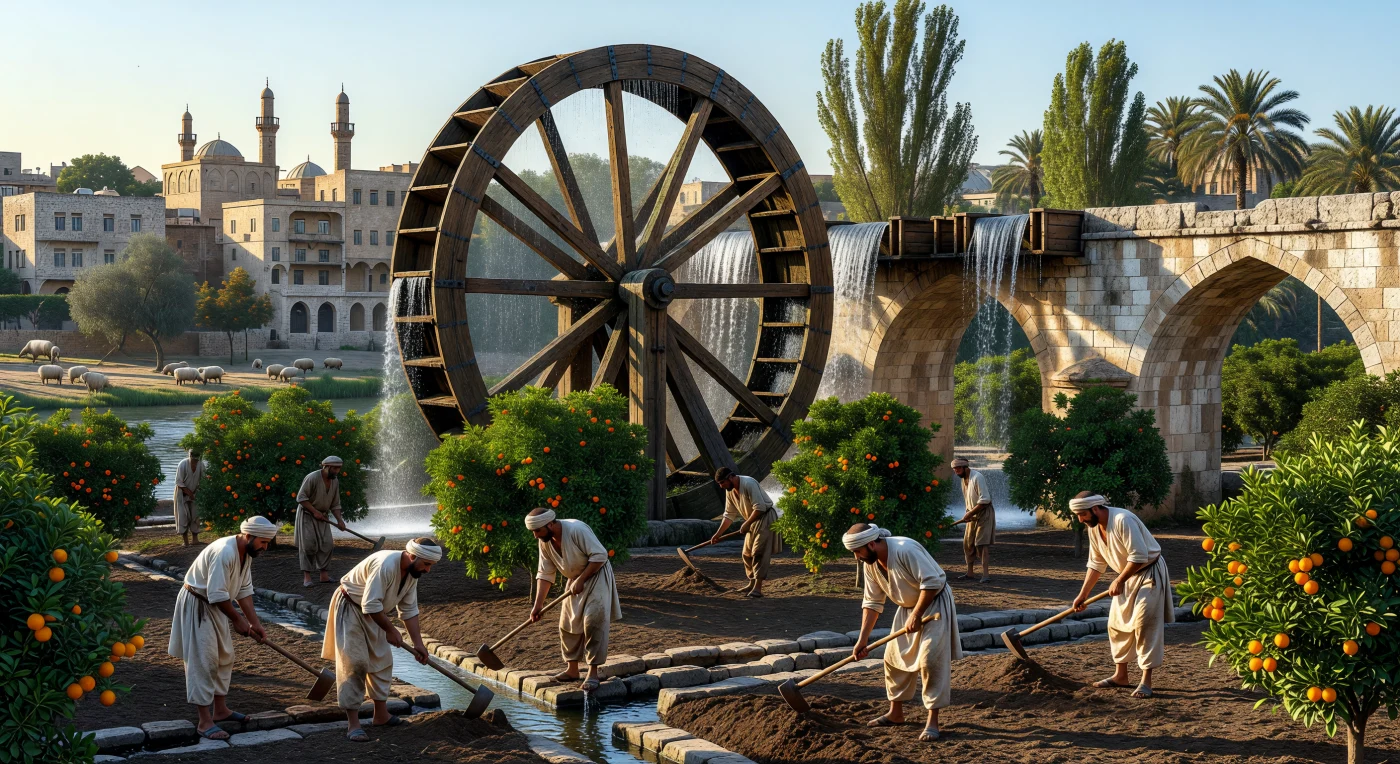 Deze indrukwekkende houten noria, een gigantisch waterrad uit de 13e-eeuwse Ajjoebiden-periode, tilt rivierwater uit de Orontes naar een hooggelegen kalkstenen aquaduct om de omliggende boomgaarden met bittere sinaasappels te bevloeien. Terwijl boeren in eenvoudige katoenen gewaden de vruchtbare slibgrond bewerken, illustreert de machine de geavanceerde hydraulische techniek die de ruggengraat vormde van de 'Islamitische Groene Revolutie'. Dit vernuftige systeem getuigt van de bloeiende landbouw en de verfijnde ingenieurskunst die het middeleeuwse Syrië tot een vruchtbaar centrum van innovatie maakten.