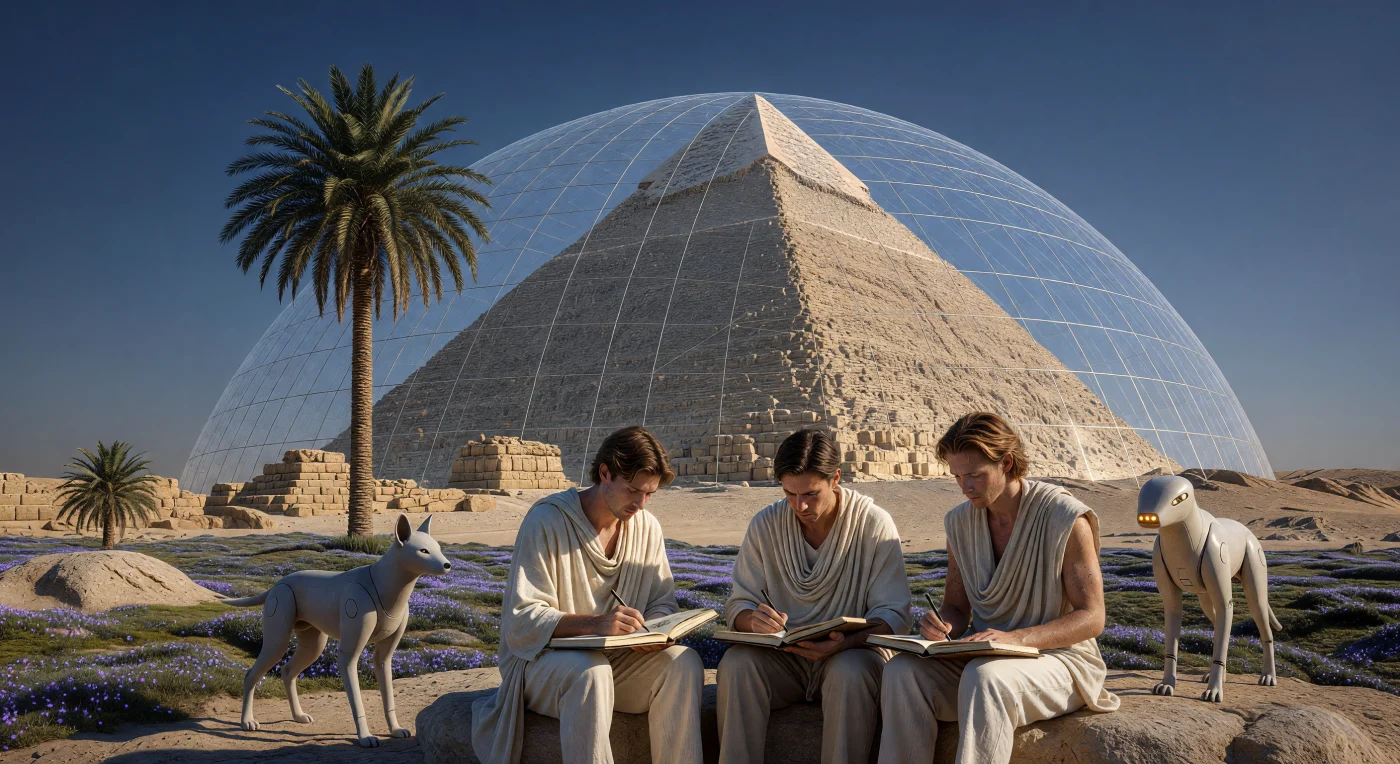 In het jaar 2350, gedurende de periode van de 'Great Divergence', staat de 4.500 jaar oude Grote Piramide van Gizeh veilig ingekapseld in een gigantische membraan van ETFE-polymeer om de kalkstenen structuur te bewaren voor de eeuwigheid. Op de voorgrond leggen 'Naturals' (*Homo sapiens baseline*) het monument vast met traditionele materialen, geobserveerd door een robothond-achtige 'Sentinel' AI die de lokale biosfeer bewaakt. Deze zorgvuldig beheerde archeologische vindplaats, gevoed door een Dyson-zwerm en omringd door energie-opwekkende synthetische mossen, vormt een verstild heiligdom waar de biologische en architecturale geschiedenis van de mensheid in een eeuwig gouden uur wordt bevroren.