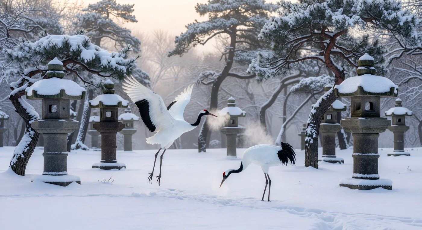 Una coppia di gru della Manciuria esegue una complessa danza nuziale tra le nevi profonde dell'Ezo del XVIII secolo, l'odierna Hokkaido, incorniciata da pini neri contorti e lanterne shintoiste *Kasuga-dōrō* in pietra. Durante il periodo Tokugawa, questi uccelli erano profondamente venerati come simboli sacri di longevità e fedeltà, incarnando l'estetica *wabi-sabi* che celebra la bellezza solitaria e l'impermanenza della natura. L'immagine cattura la solenne spiritualità di una frontiera settentrionale ancora selvaggia, dove l'artigianato del medio periodo Edo e la fauna selvatica coesistono in un perfetto equilibrio invernale.