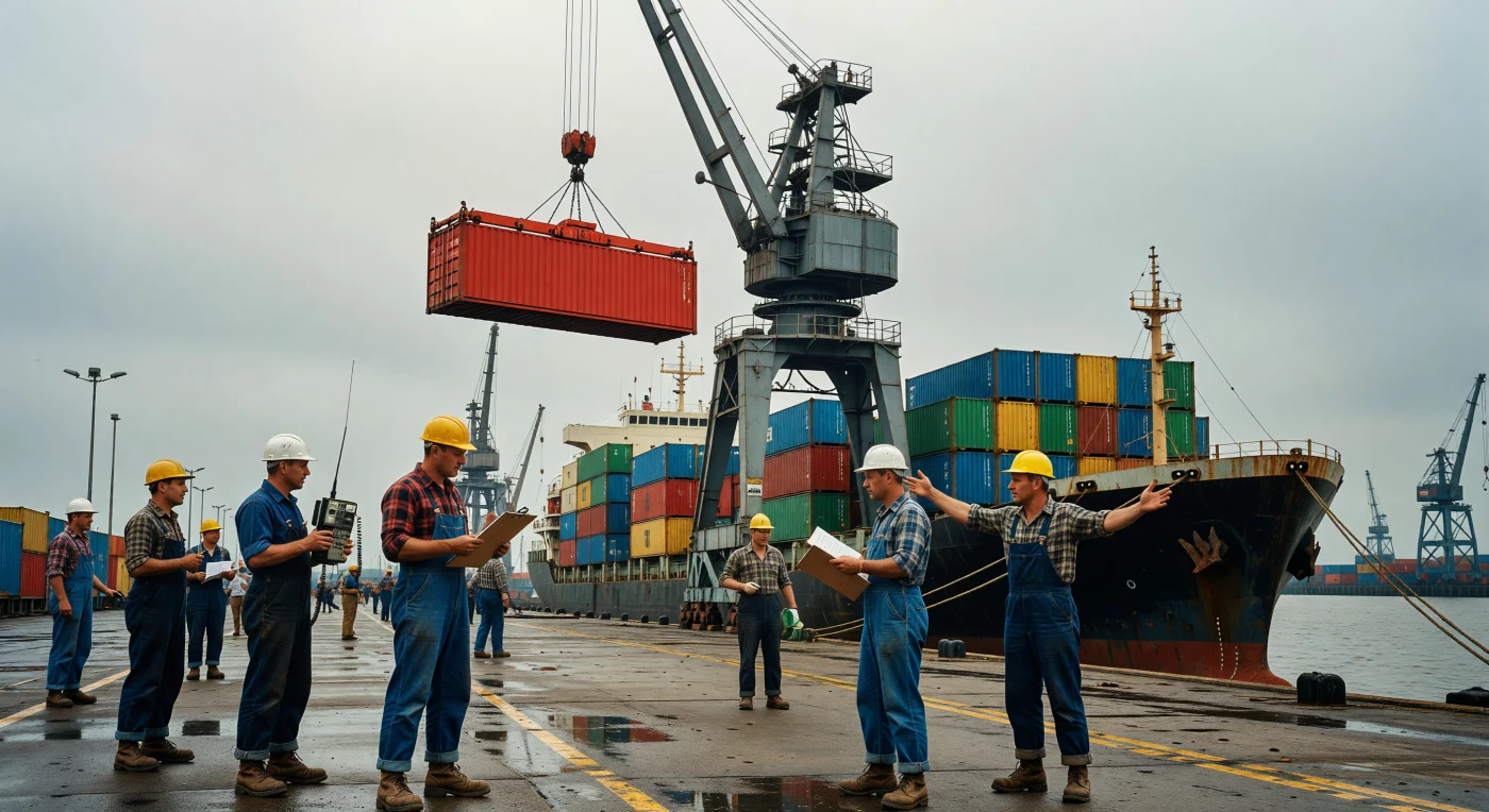 Sous le ciel couvert de la mer du Nord en 1968, une imposante grue portique soulève un conteneur rouge primaire, marquant l'avènement de la conteneurisation au port de Rotterdam. Sur le quai de béton, des dockers en salopettes de denim coordonnent le chargement de ce navire de transition, témoignant du passage historique du déchargement manuel à la logistique standardisée. Cette scène saisissante illustre le tournant technologique qui a radicalement transformé le commerce maritime et jeté les bases de la mondialisation économique moderne.