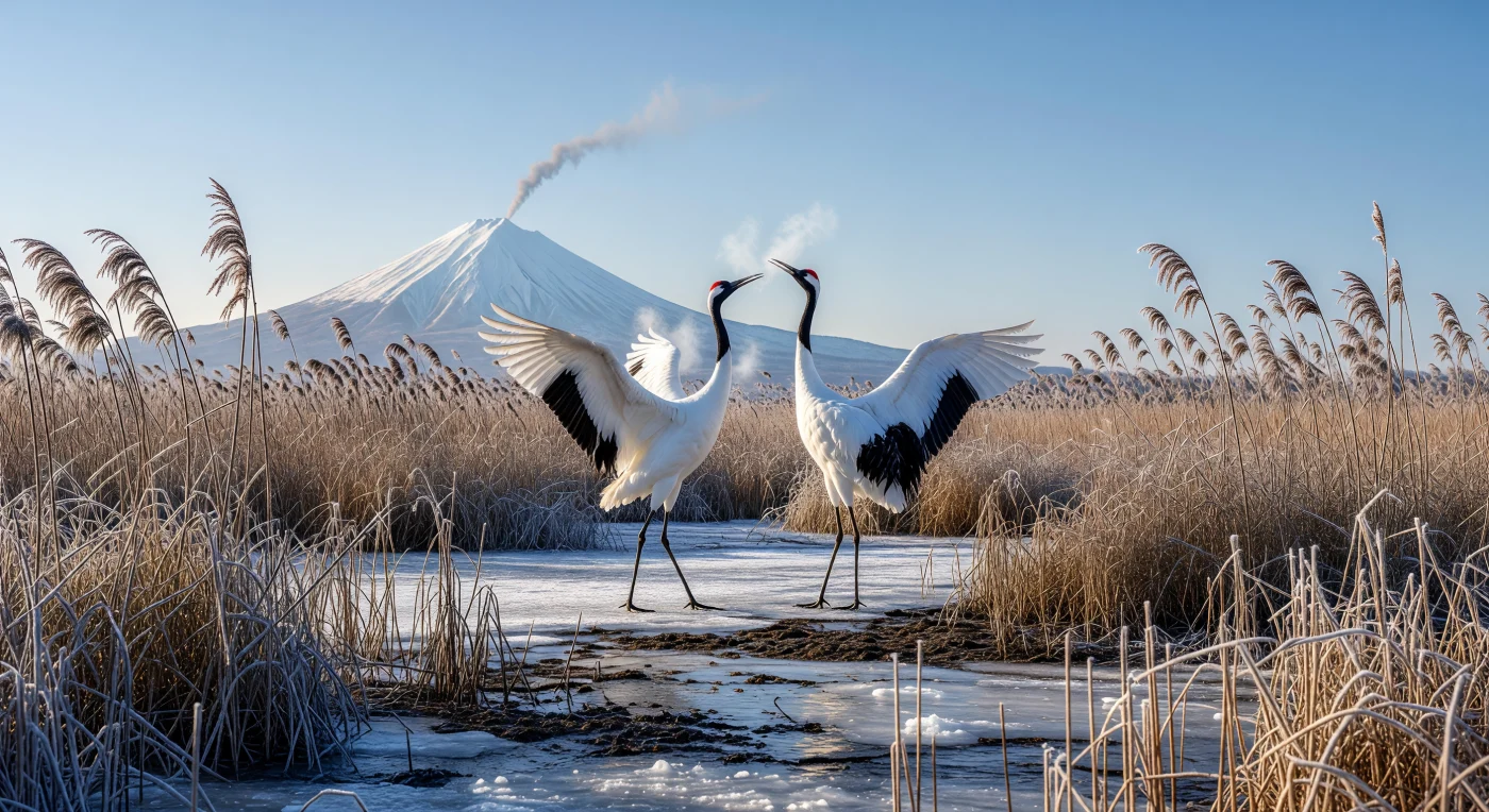 Dans les marais gelés de Kushiro vers 1850, un couple de grues du Japon exécute une danse nuptiale majestueuse, leurs couronnes écarlates et leur plumage immaculé se détachant sur un paysage de roseaux cristallisés par le givre. En arrière-plan, la silhouette fumante d'un stratovolcan rappelle la nature sauvage et indomptée d'Ezo (l'actuelle Hokkaido), une région qui demeurait alors un sanctuaire de biodiversité préservé des bouleversements industriels mondiaux. Cette scène fige un instant de sérénité primitive, capturant l'essence d'un territoire où la faune et la géologie dictaient encore le rythme de l'existence bien avant la modernisation de l'ère Meiji.