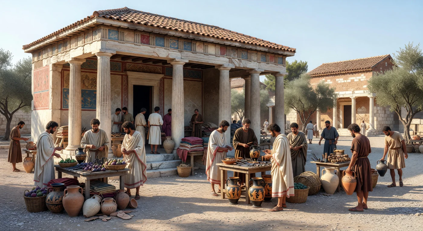 朝の澄んだ光に照らされた前5世紀のアテナイのアゴラでは、赤や青の彩色がかすかに残るストアの石灰岩柱の下に、市民、在留外人商人、裸足の労働者たちが集い、アンフォラ、籠いっぱいのイチジク、青銅の道具、艶やかな赤絵式陶器を手に取りながら値段を交渉しています。ここは単なる市場ではなく、民主政アテナイの日常が脈打つ市民空間であり、交易、労働、会話が交差する都市の中心でした。前450〜430年頃のアゴラには、アッティカ産の品々だけでなく他のポリスや東地中海からの品も流れ込み、繁栄する海上交易国家としてのアテナイの広がりを物語っています。