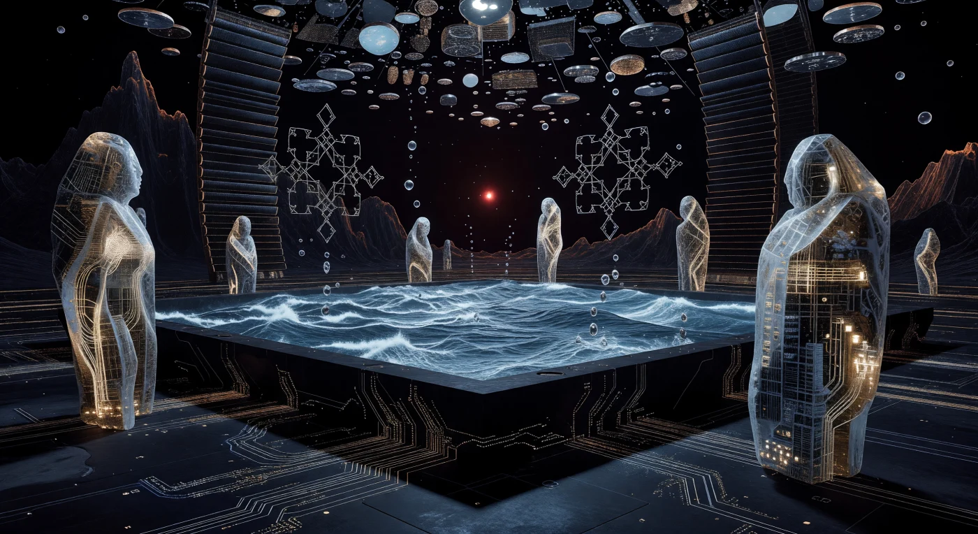 西暦10万年から100万年に及ぶ「地平線時代」のダイソン球内部において、黒曜石の計算物質で構成された祭壇に浮かび上がるのは、太古の地球の海を再現した高精細なシミュレーションです。かつての生物学的形態を捨て去った「珪素精神体（Lithic-Minded Entities）」たちは、高次元トポロジー言語の幾何学図形を交わしながら、絶対零度の静寂の中で失われた水の記憶を追悼しています。この光景は、数学的な永遠へと至ったポスト・バイオロジー文明が、有機的な生命の揺籃であった「青い世界」に対して抱く、深遠な郷愁と敬意を物語っています。