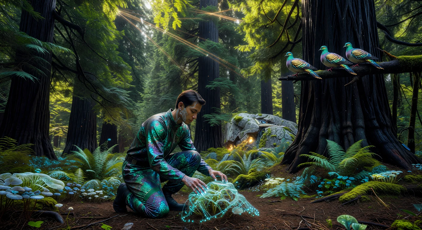 En el año 2164, durante la era de La Convergencia, un Guardián de la Tierra inspecciona el Manto Micelial, una red híbrida de hongos biológicos y fibra óptica que pulsa con el flujo de datos de este ecosistema restaurado. Bajo el dosel de secuoyas de "Súper-Carbono" diseñadas para estabilizar la atmósfera, se observan ejemplares desextinguidos de paloma viajera (*Ectopistes migratorius*) habitando un entorno donde la tecnología avanzada y la biología son ya indistinguibles. Esta simbiosis permite una administración planetaria sin precedentes, integrando la vigilancia digital con la biodiversidad vibrante de los Territorios Naturales de la Tierra.