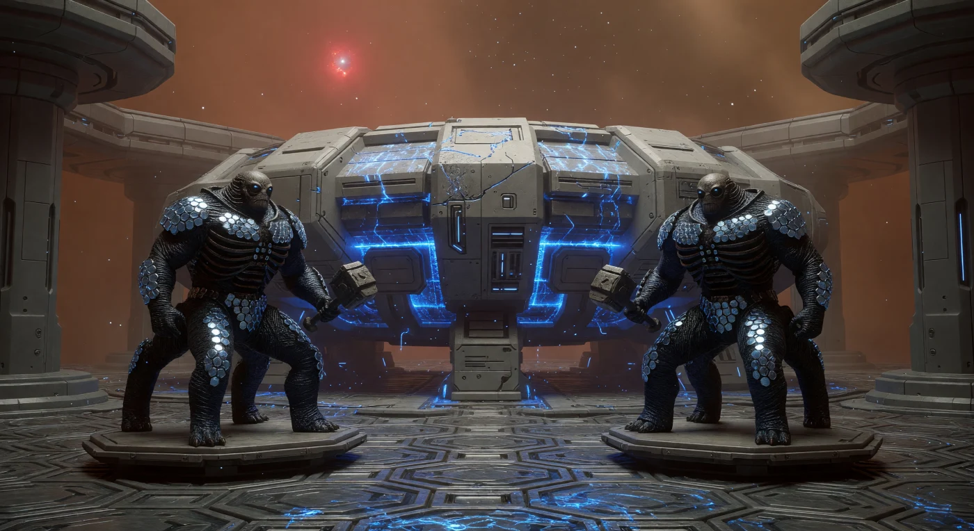 Durante la Era Galáctica (5000–20.000 d. C.), los mundos de gravedad extrema dieron lugar a los Litodermos, una especie de constitución robusta y cuatro extremidades inferiores diseñada para la máxima estabilidad en entornos de 7g. Esta escena captura a dos guardianes de piel acorazada con placas de iridio custodiando un reactor de fusión geotérmica en una súper-Tierra, donde la arquitectura de nanotubos de boro resiste presiones que aplastarían cualquier estructura convencional. Inmóviles sobre el suelo vibratorio, estos centinelas emplean órganos sensoriales en sus pies para monitorizar la actividad sísmica del planeta, mientras el resplandor azul de Cherenkov ilumina una atmósfera densa cargada de bruma de nitrógeno y argón.