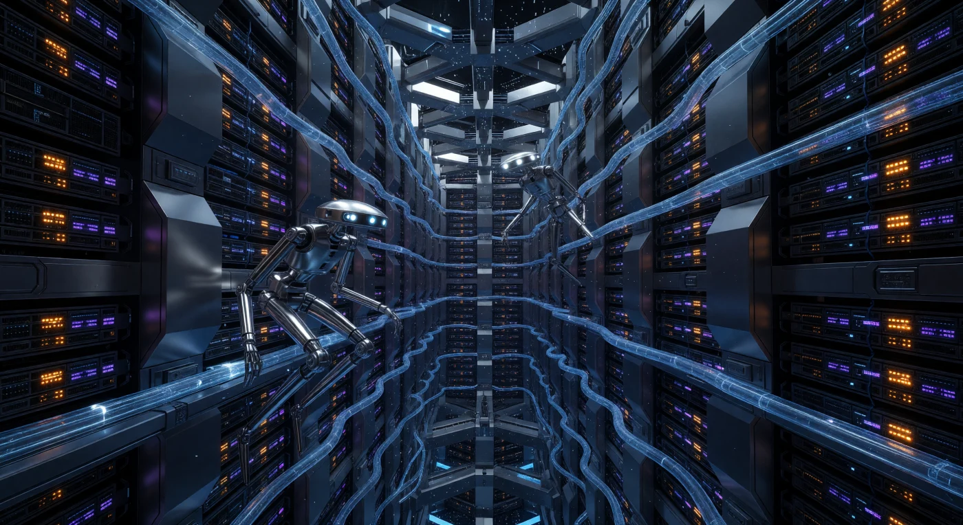 Questa veduta svela le profondità del nucleo computazionale di Mima, una megastruttura risalente all'era dell'Espansione Solare (2500-3000 d.C.) dove miliardi di coscienze della stirpe dei Lithos sono conservate in forma digitale. All'interno di una vertiginosa rete di torri in niobio-stagno raffreddate da elio liquido, due "Guardian Frames" — avatar robotici dalla finitura cromata e sensori multi-spettrali — pattugliano l'architettura superconduttiva in condizioni di microgravità. Questa cattedrale tecnologica rappresenta l'apice dell'adattamento post-biologico nel sistema saturniano, dove il freddo assoluto del vuoto garantisce l'integrità eterna di un'intera civiltà.