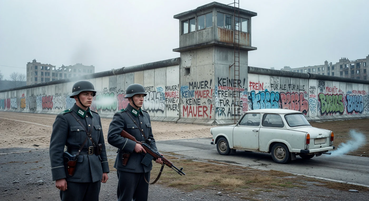 En una gélida mañana de 1984, dos guardias fronterizos de la Alemania Oriental vigilan el muro de Berlín, portando sus característicos uniformes de lana gris y cascos de acero M56. A sus espaldas, la imponente estructura de hormigón "Grenzmauer 75" muestra los vibrantes grafitis del lado occidental, contrastando con la austeridad de un automóvil Trabant 601 que aguarda cerca de una torre de vigilancia. Esta escena captura la atmósfera opresiva de la Guerra Fría y la profunda división ideológica que fragmentó a Europa durante la segunda mitad del siglo XX.