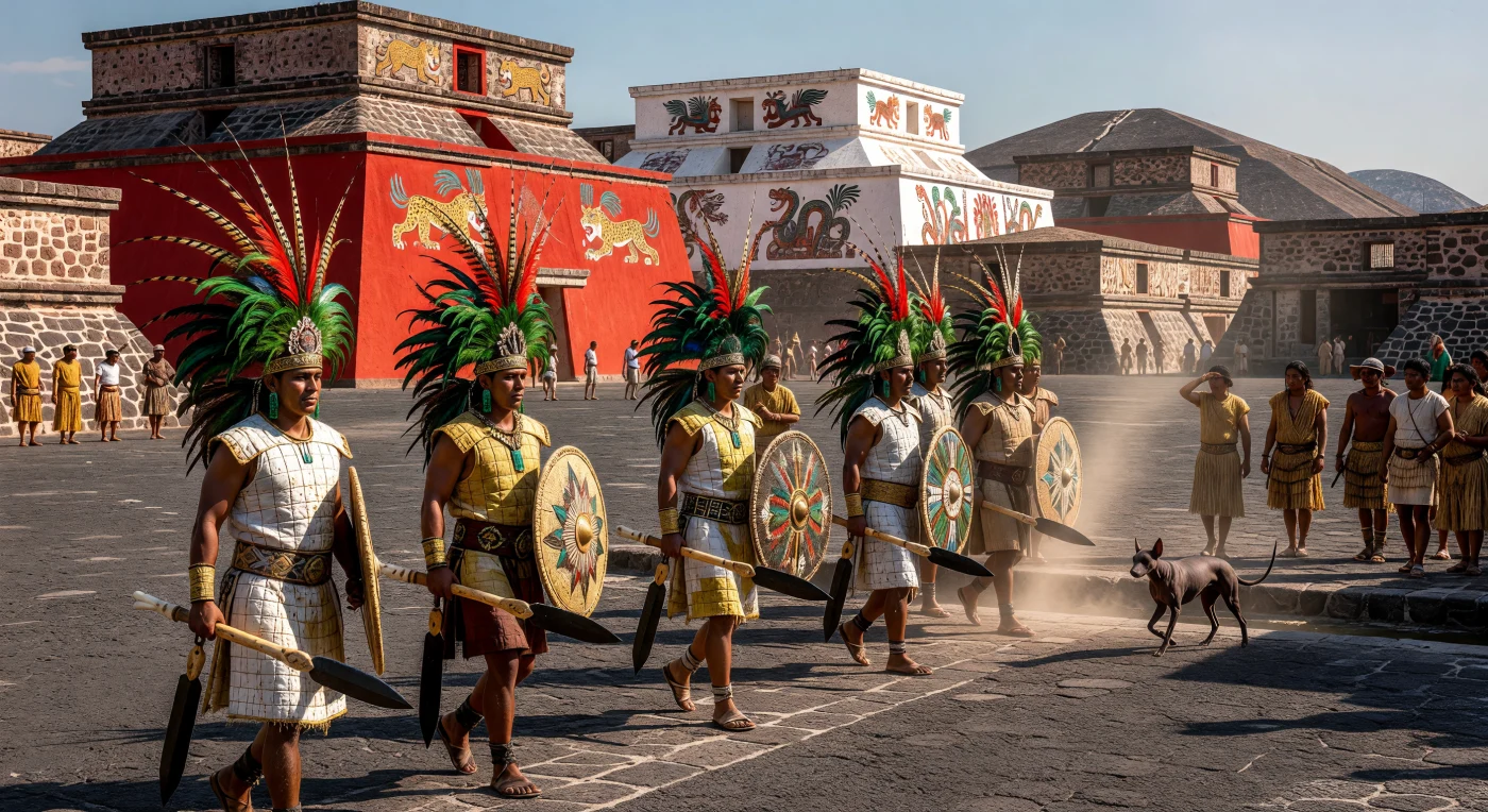 En esta solemne procesión militar por el centro de Teotihuacán hacia el año 450 d. C., una fila de guerreros avanza con disciplina portando armaduras de algodón endurecido y majestuosos tocados de plumas de quetzal y guacamaya. Los combatientes empuñan atlatls y escudos chimalli decorados con mosaicos, mientras sus macuahuitl con filos de obsidiana traslúcida resaltan la sofisticada tecnología lítica de la época. La escena, enmarcada por la arquitectura de talud-tablero pintada en rojo cinabrio, captura el apogeo de esta metrópoli mesoamericana y la imponente presencia de su fuerza militar durante la Antigüedad Tardía.