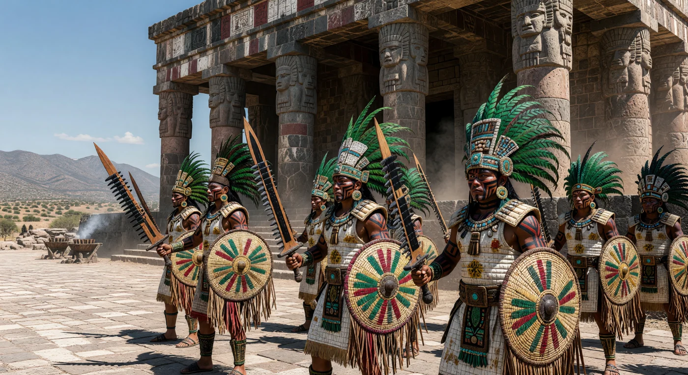 Guerreros de élite toltecas custodian la cima del Templo de Tlahuizcalpantecuhtli en Tula hacia el año 1100 d.C., flanqueados por los imponentes "Atlantes" de basalto que representan a defensores divinos. Los soldados visten el *ichcahuipilli*, una armadura de algodón acolchado de gran resistencia, y blanden el temible *macuahuitl*, una espada de madera incrustada con navajas de obsidiana tan afiladas como el cristal. Esta poderosa cultura militarista del Altiplano Central mexicano estableció un legado de prestigio y dominio político que influenciaría profundamente a las civilizaciones mesoamericanas posteriores, incluidos los mexicas.