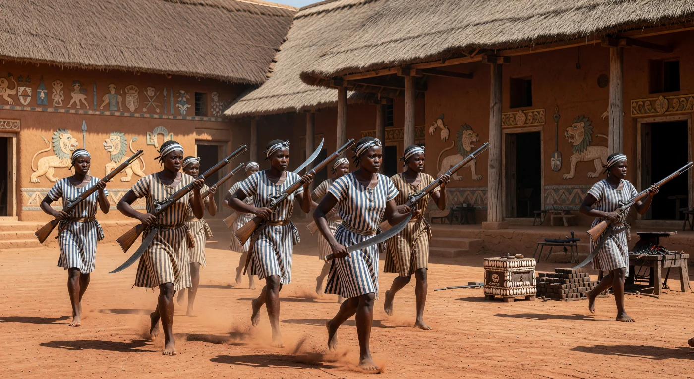 Dans la cour de terre rouge du palais royal d'Abomey, une unité de guerrières Mino, l'élite féminine du royaume de Dahomey, s'exerce avec discipline au maniement des mousquets à silex et des machettes en fer. Revêtues de tuniques de coton rayées bleu et blanc, ces soldates redoutables évoluent sous un soleil tropical intense devant les murs du palais ornés de bas-reliefs symbolisant les conquêtes militaires. Au milieu du XIXe siècle, ce corps militaire unique au monde incarnait la puissance souveraine du peuple Fon, témoignant de la structure hautement organisée et de la force de frappe de cet empire d'Afrique de l'Ouest.
