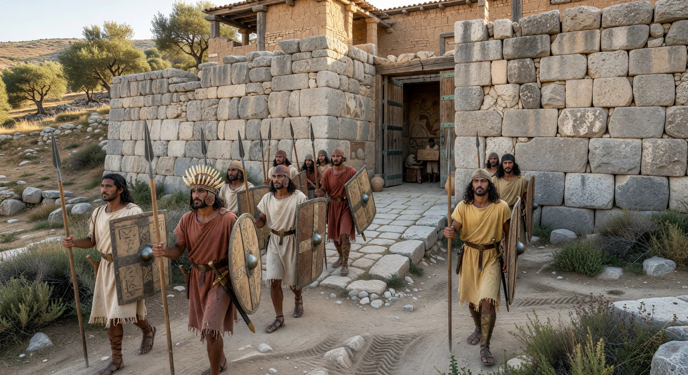 Un gruppo di guerrieri micenei avanza in formazione lungo la rampa lastricata verso l’ingresso stretto e monumentale di una cittadella fortificata, tra enormi mura ciclopiche di calcare illuminate dal sole del tardo pomeriggio. Le loro lance con punte di bronzo, gli alti scudi a torre e a otto, e soprattutto l’elmo di zanne di cinghiale di uno dei combattenti riflettono l’equipaggiamento tipico della Grecia micenea del XIII secolo a.C., molto diverso dall’armamento degli opliti dell’età classica. Piccoli dettagli, come un vaso da trasporto, sigilli d’argilla e l’ombra di un amministratore legato alla scrittura Lineare B, evocano il mondo dei palazzi micenei: società gerarchiche, guerriere e strettamente connesse ai traffici del Mediterraneo orientale.