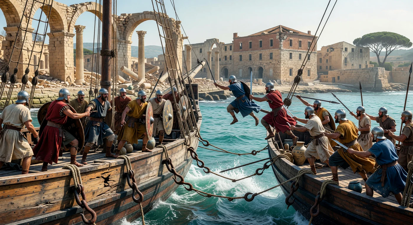 Nel cuore del V secolo d.C., agguerriti predoni Vandali lanciano un audace arrembaggio contro un dromone romano al largo delle coste di Cartagine, utilizzando pesanti rampini di ferro per serrare le distanze tra le due imbarcazioni. Mentre le rovine della metropoli nordafricana si stagliano all'orizzonte, l'immagine cattura il momento in cui le popolazioni germaniche trasformarono il Mediterraneo da "lago romano" a teatro di feroci conflitti marittimi. Tra tuniche di lana grezza e il bagliore degli elmi *Spangenhelm*, questa scena illustra vividamente il tramonto dell'egemonia imperiale e l'ascesa di nuove potenze navali durante la Tarda Antichità.