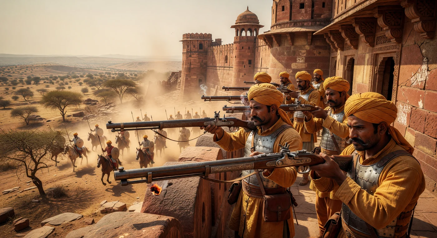 Sur les imposants remparts de grès rouge du fort de Chittorgarh, des guerriers rajputs de la caste des Kshatriyas se préparent à repousser une charge de cavalerie dans la chaleur écrasante du Rajasthan du XVIe siècle. Vêtus de turbans safran et d'armures de plaques polies dites « Char-aina », ces défenseurs manient avec précision de lourds mousquets à mèche « Toradar » alors qu'un épais nuage de poussière annonce l'ennemi à l'horizon. Cette scène illustre la résistance acharnée du royaume de Mewar et l'importance stratégique des forts de colline face aux ambitions impériales durant la Renaissance en Asie du Sud.