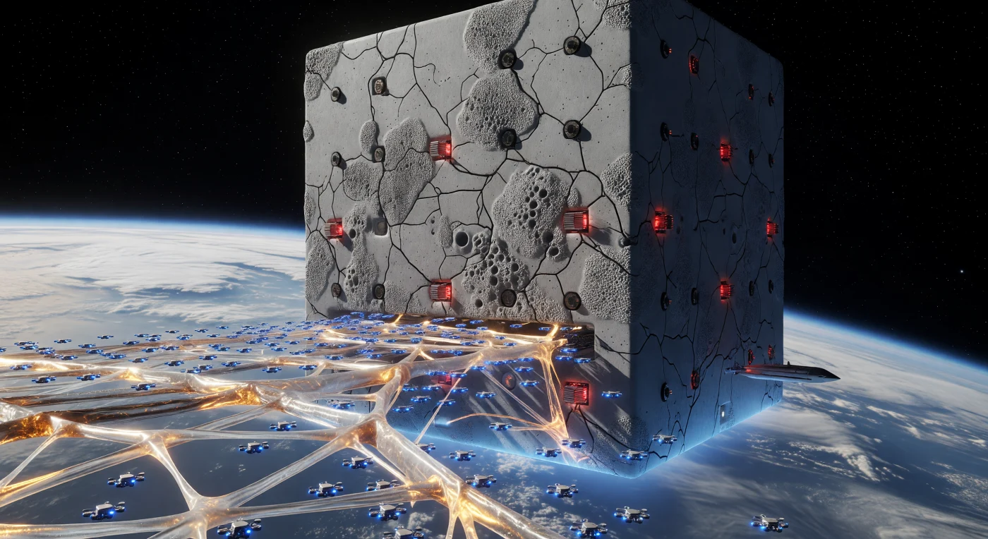 「大分岐時代」（西暦2200〜2500年）の低軌道上に浮かぶのは、自己修復能力を持つ石灰化細菌を注入した「バイオコンクリート」の巨塊、ファブリケーション・ハイブ09です。漆黒の宇宙空間で「スウォーム・メイソンリー（群れ建築）」を担う無数の自律型マイクロドローンが、バイオポリマーとグラフェン鋼のフィラメントを精密に紡ぎ出し、有機的なドッキング・ピアを拡張する様子が捉えられています。この光景は、人類の営みが地球の重力から解き放たれ、工学と生物学的プロセスが融合した「空虚美学（ヴォイド・エステティクス）」へと進化した、深遠なる文明の変遷を物語っています。
