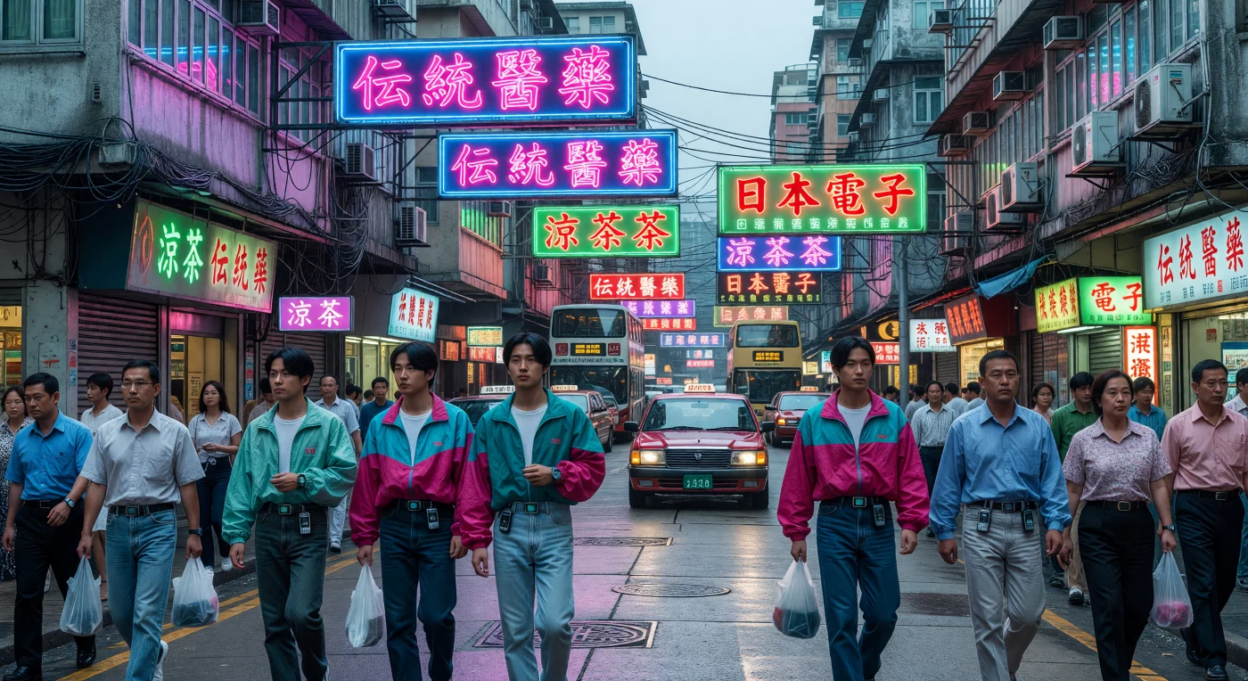 1995년 홍콩 구룡반도의 밤거리는 화려한 네온사인과 습한 공기가 어우러진 독특한 도시 경관을 보여줍니다. 스톤워싱 데님과 원색 바람막이를 입은 행인들 사이로 홍콩의 상징인 빨간색 택시가 지나가며, 낡은 '통라우' 건물의 콘크리트 외벽은 당시 급격한 도시화의 흔적을 고스란히 드러냅니다. 이 장면은 1997년 주권 반환을 앞두고 동양과 서양, 전통과 현대가 격렬하게 교차하던 홍콩의 활기찬 황금기 분위기를 생생하게 포착하고 있습니다.