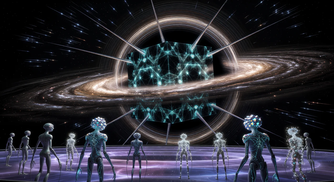 은하 시대(서기 5,000~20,000년)의 정점을 보여주는 이 장면은 초거대 블랙홀 궁수자리 A*의 사건의 지평선 근처에 부유하는 거대한 '특이점 성소(Singularity Shrine)'를 포착하고 있습니다. 중력 렌즈 효과로 휘어진 황금빛 강착 원반을 배경으로 한 이 500킬로미터 너비의 다이아몬드이드 초입방체 내부에서는 우주의 근본 상수를 탐구하는 '위대한 계산'이 수행됩니다. 관찰 데스크에 서 있는 반투명한 포스트 바이오로지컬(Post-biological) 존재들은 행성이라는 요람을 벗어나 항성 규모의 공학을 실현하며 심우주의 극한 환경에 적응한 인류 진화의 경이로운 결과물을 상징합니다.