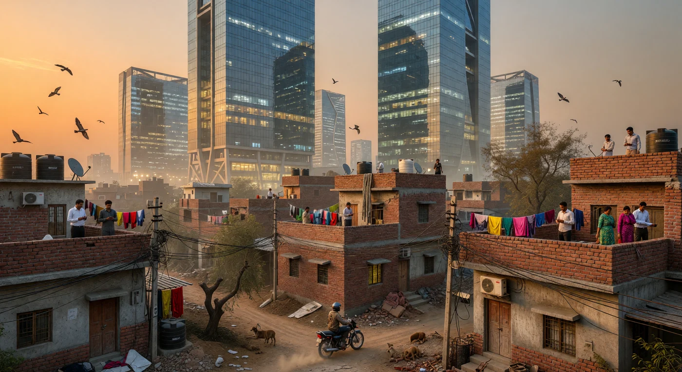 This scene captures the stark urban dichotomy of Gurgaon, India, during the late 2010s, where the glass-and-steel towers of Cyber City loom over a dense "pukka" settlement of brick and concrete. The visual clutter of satellite dishes, black water tanks, and a tangled web of fiber-optic cables illustrates the rapid, often unplanned technological integration that defined South Asia’s Digital Age. Bathed in a hazy sunset, the image reflects the "leapfrog" development of the region, where high-speed internet and corporate wealth coexist alongside traditional domestic routines and the informal gig economy.