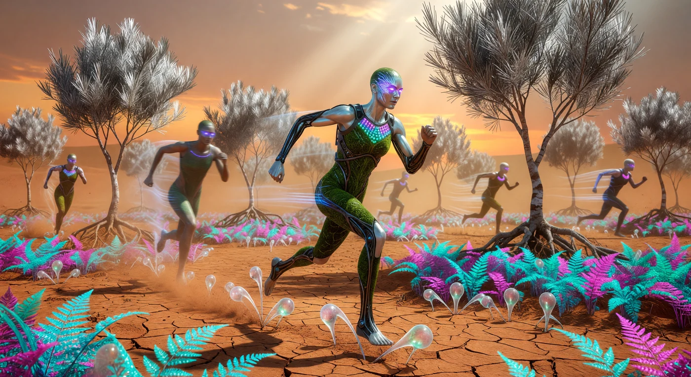 서기 2145년 '융합의 시대(The Convergence)'를 배경으로 한 이 장면은 사하라 내륙의 황무지가 초고속 테라포밍 기술을 통해 생태계로 복원되는 극적인 순간을 포착하고 있습니다. 광합성 엑소-스킨을 착용한 선수가 탄소 섬유 프레임을 이용해 급속 성장 균사체(Mycelial) 씨앗을 살포하며, 그 궤적을 따라 은색 껍질의 나무와 생체 발광 고사리류가 단 몇 초 만에 울창한 오아시스를 형성합니다. 이는 인류의 신체적 한계와 생명공학적 진보가 결합하여 황폐해진 지구를 재설계하던 22세기 특유의 '반응형 공생' 문화를 여실히 보여주는 유물적 기록입니다.
