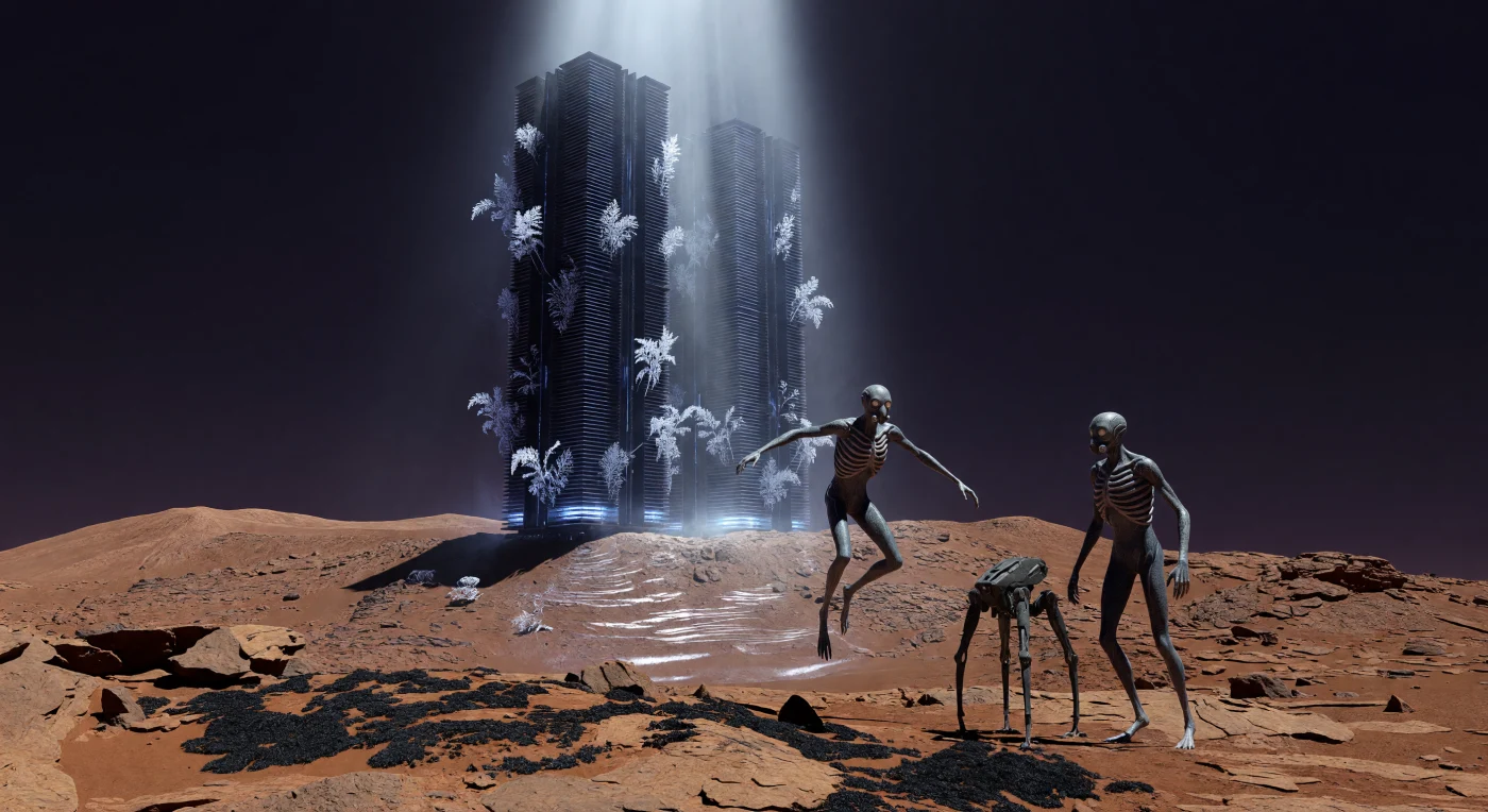 Dominant la caldeira de l'Olympus Mons durant l'ère de la Grande Divergence (2200-2500), les « Cold Stacks » sont des monolithes de calcul quantique servant de réceptacles aux consciences de *Homo digitalis*. Au premier plan, deux *Homo adaptus* à la stature élancée et aux poumons hypertrophiés supervisent ces tours d'obsidienne, dont les systèmes de refroidissement à fusion illuminent le basalte environnant d'une lueur bleue de Cherenkov. Sous un ciel violet-noir, le givre de dioxyde de carbone se sublime au contact de la lumière concentrée par les miroirs orbitaux, révélant une biosphère martienne colonisée par le lichen ferreux et une technologie transcendant les limites biologiques ancestrales.