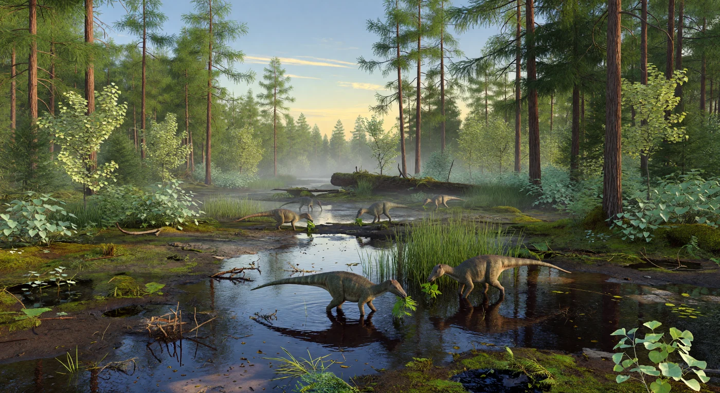 Bajo el sol de medianoche del Cretácico tardío, hace unos 70–68 millones de años, un bosque polar del norte de Alaska se extiende entre coníferas caducas parecidas a Metasequoia, ginkgos y matorrales de angiospermas tempranas, con niebla flotando sobre un arroyo oscuro y turboso. En la orilla encharcada, varios hadrosáuridos juveniles —probablemente formas cercanas a Edmontosaurus o Ugrunaaluk— ramonean brotes bajos y equisetos, pequeños aún frente a los troncos rectos y los troncos caídos del bosque. Esta llanura costera de Laramidia, húmeda y fresca pese a su latitud ártica, muestra que los dinosaurios no vivían solo en climas cálidos: también prosperaban en ecosistemas estacionales de largas noches invernales y veranos de luz interminable.